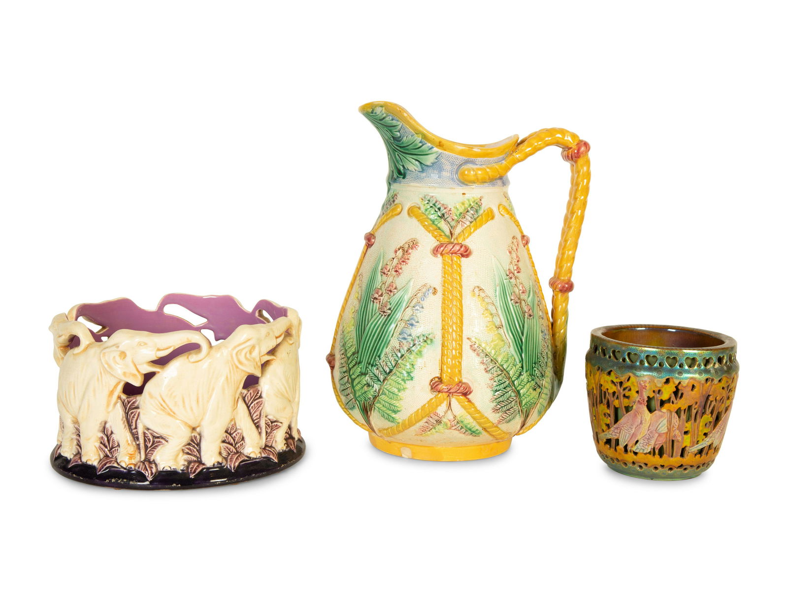 A Zsolnay Iridescent Art Pottery Cachepot and Two Majolica Table Articles (1 of 5)