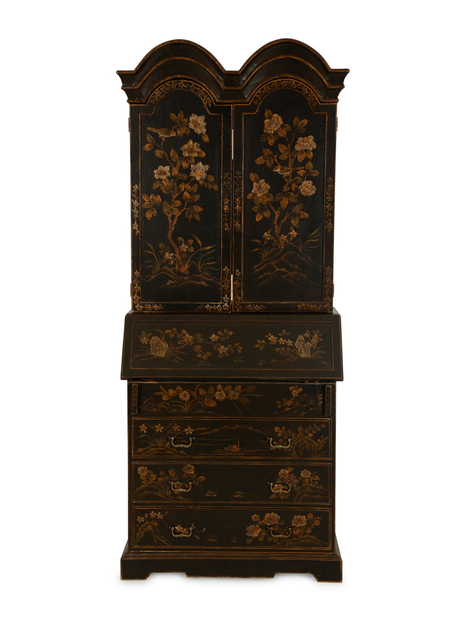 A George III Style Black Lacquer Secretary Bookcase Height 79 x width 33 inches.: A George III Style Black Lacquer Secretary Bookcase 19th Century Height 79 x width 33 inches.
