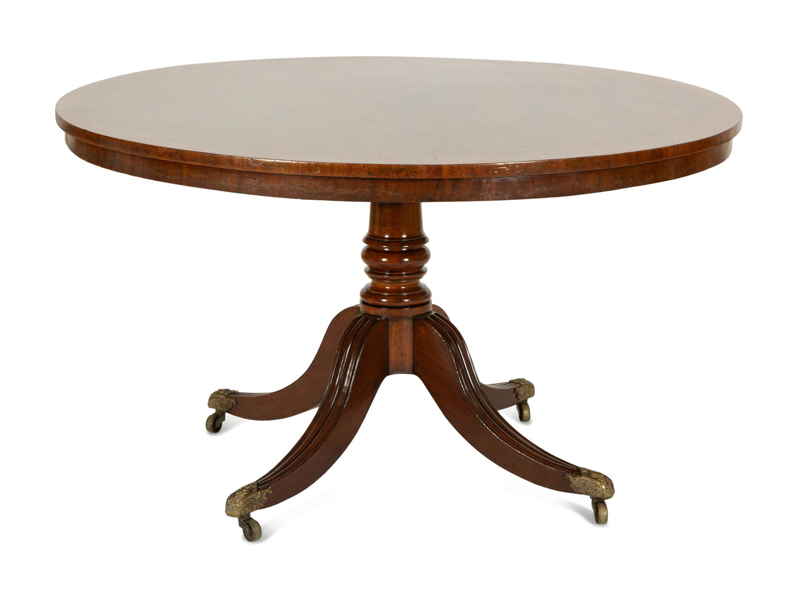 A Regency Figured Mahogany Crossbanded Center Table Height 30 x diameter of top 49 inches. (1 of 3)