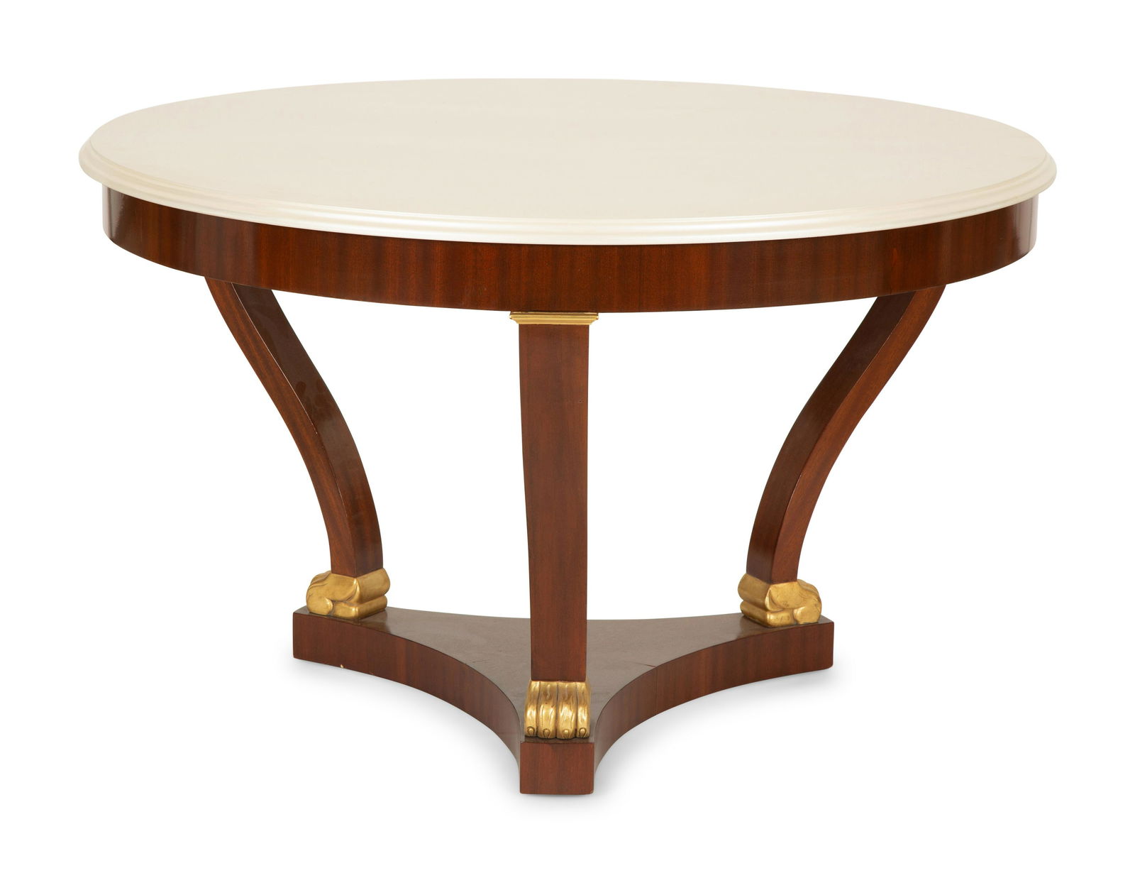 A Regency Style Carved Mahogany Ebony Inlaid Center Table Height 28 1/2 x diameter of top 41 inches. (1 of 3)