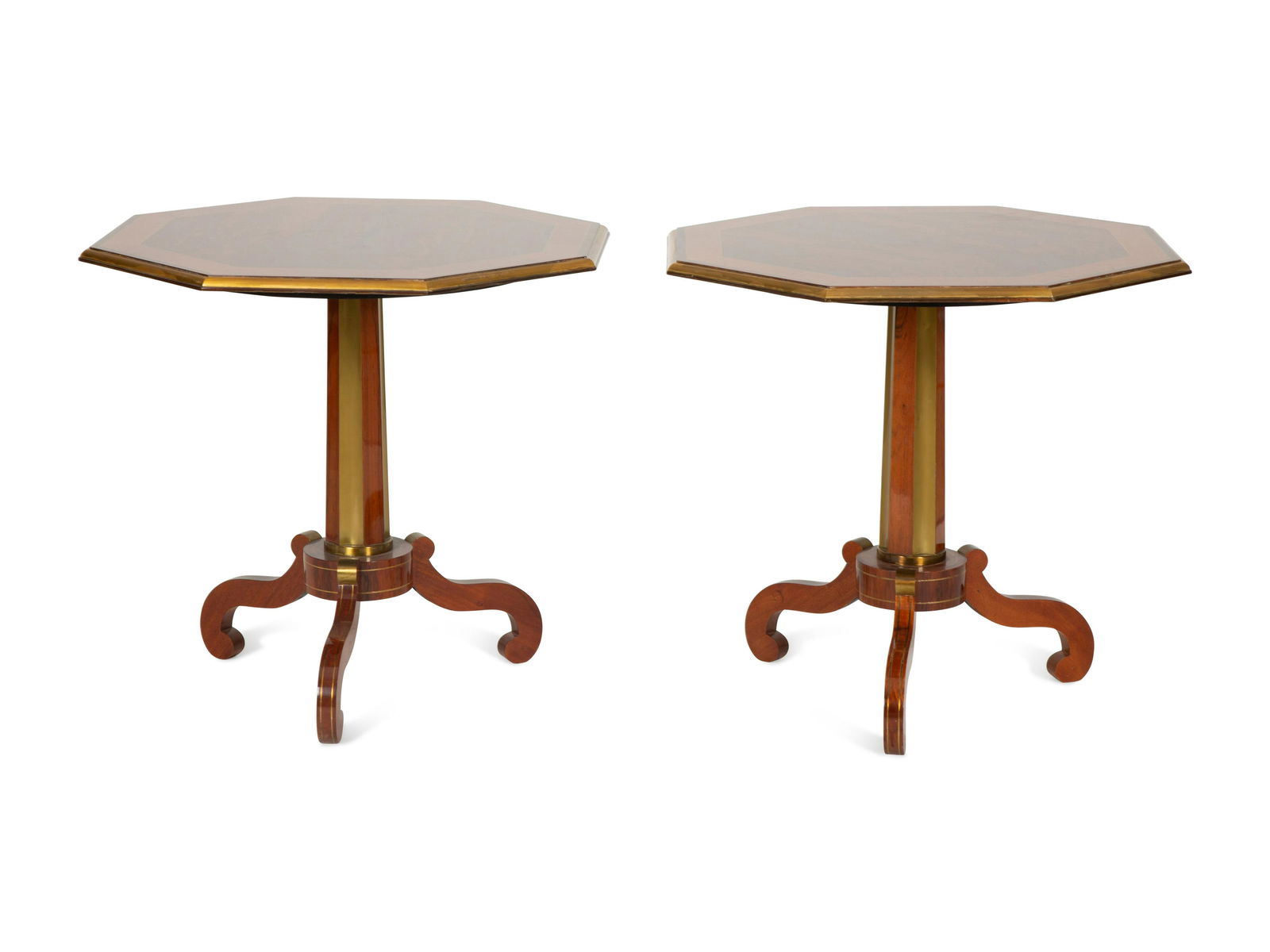 A Pair of Regency Style Hexagonal Top Crossbanded Side Tables with Brass Rims Height 27 1/2 x (1 of 7)