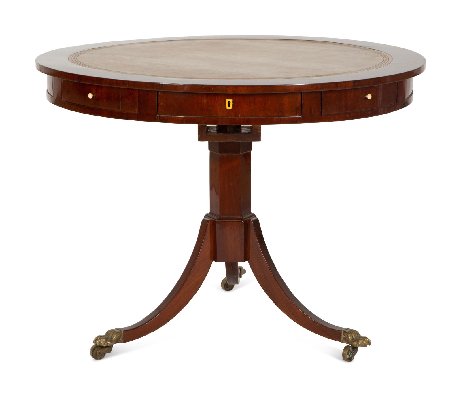 A Regency Style Mahogany Center Table with Inset Brown Leather Top Height 29 x diameter 40 inches. (1 of 5)