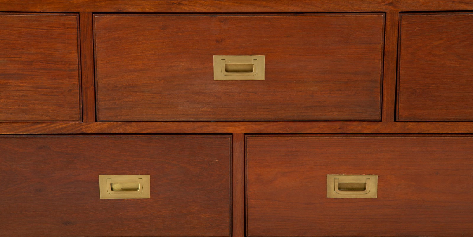 A British Colonial Brass Mounted Campaign Style Dresser Height 31 3/4 x width 70 x  depth 18 inches. (1 of 4)