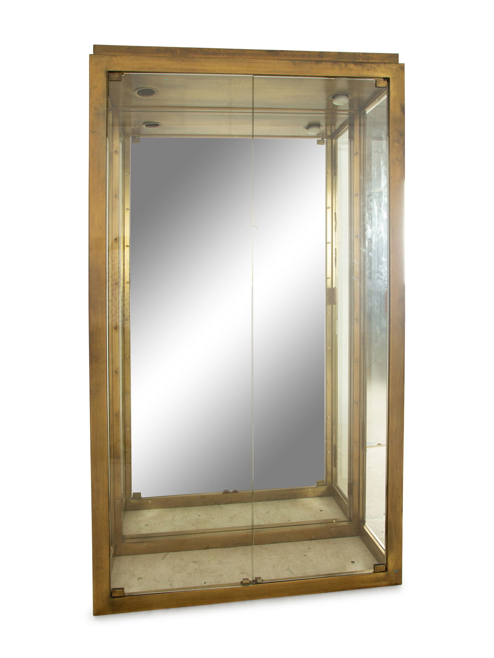 A Pair of Brass and Glass Vitrine Cabinets Attributed to Mastercraft Height 81 x width 44 x depth 14: A Pair of Brass and Glass Vitrine Cabinets Attributed to Mastercraft Second-Half 19th Century Height 81 x width 44 x depth 14 7/8 inches.