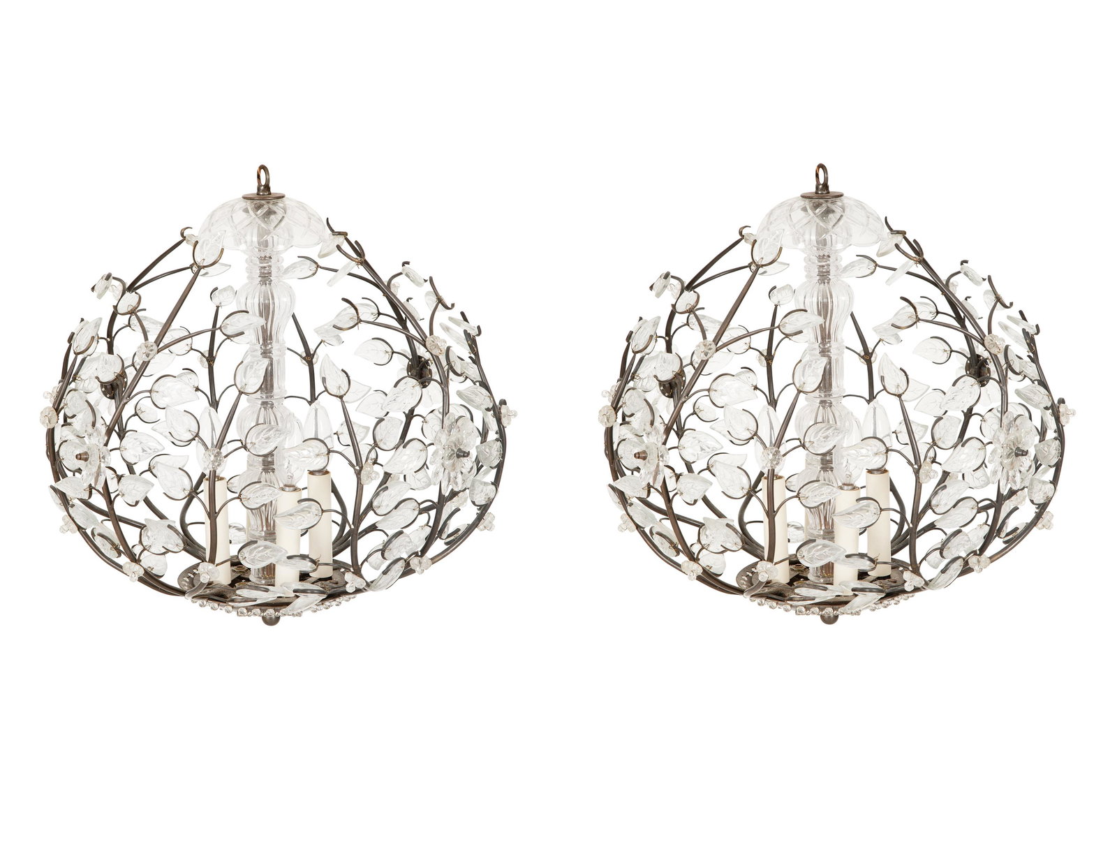 A Pair of Gilt Metal and Etched Crystal Leaf Globe-form Chandeliers in the Manner of Maison Bagues (1 of 3)