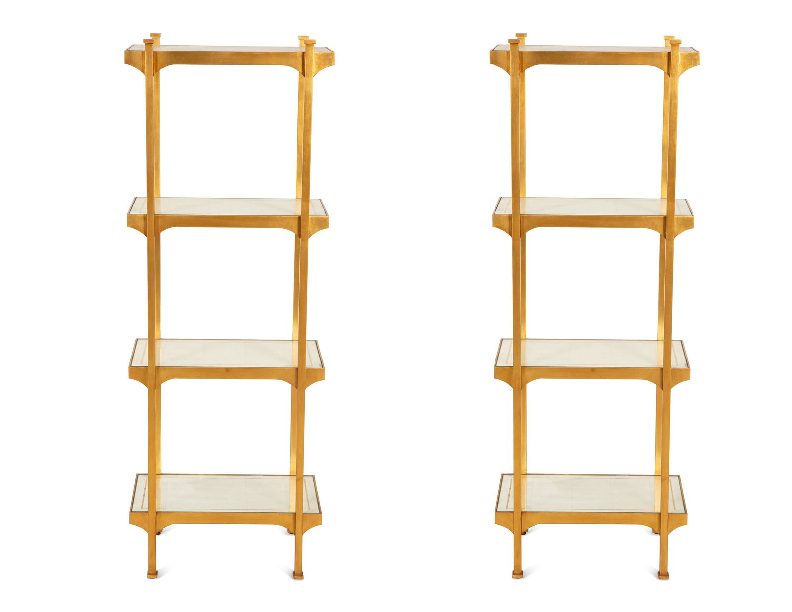 A Pair of Mid-Century Gilt Metal Etageres with Parcel Gilt Decorated Glass Shelves Height 55 x width (1 of 5)