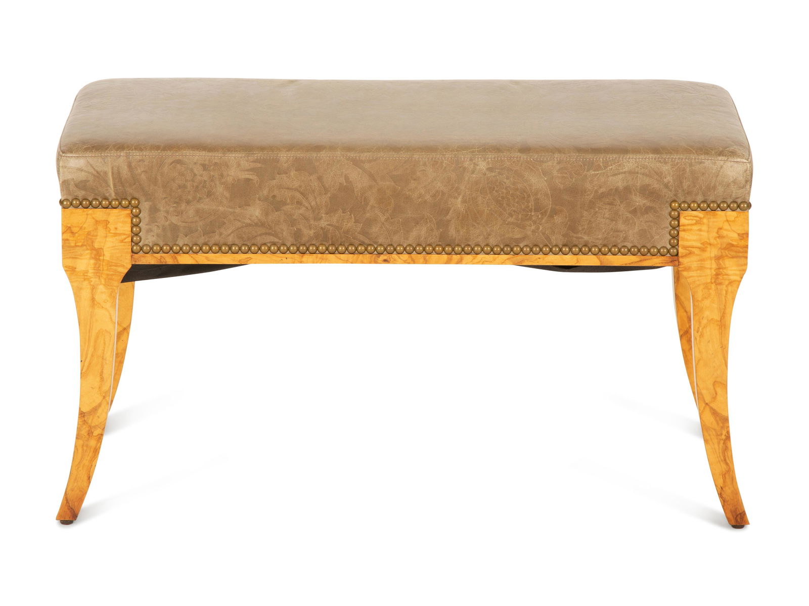 A William Switzer Burled Olivewood Bench with Tooled Leather Upholstered Seat Height 18 1/4 x width (1 of 4)