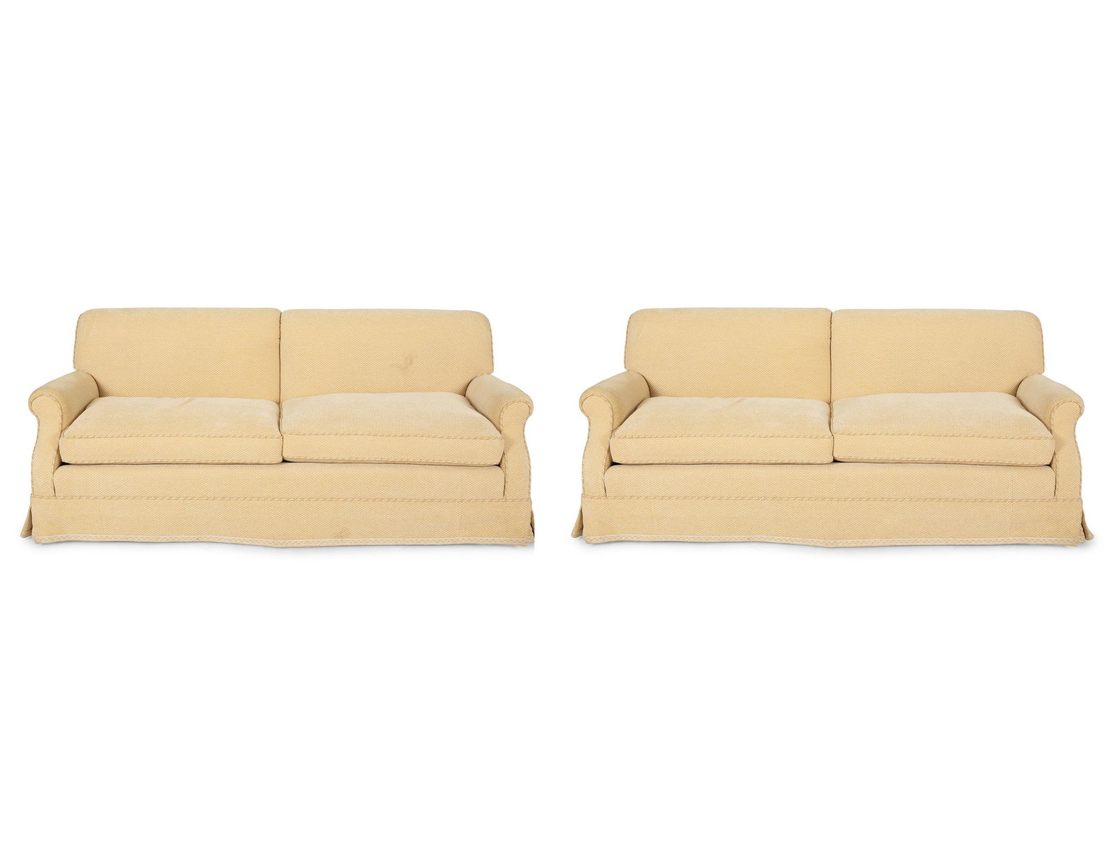A Pair of Ivory Upholstered Three Cushion Sofas Height 32 x width 83 x depth 35 inches. (1 of 5)