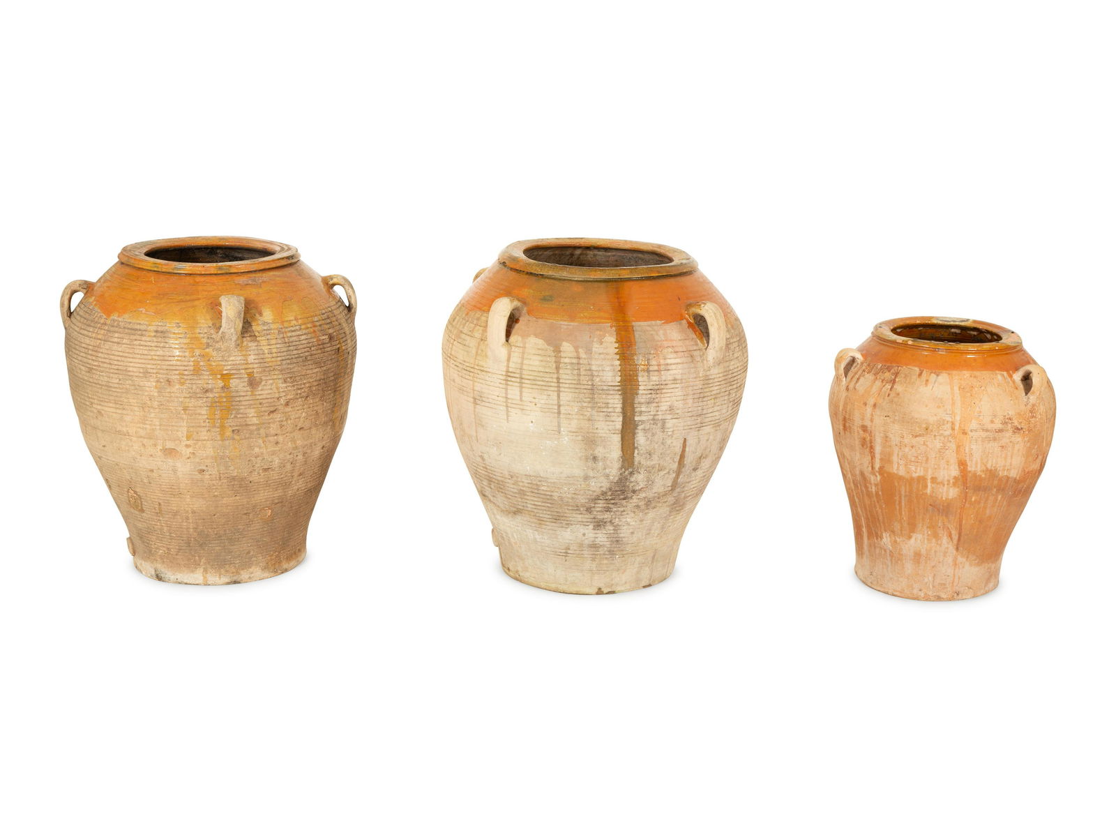 Three Partially Glazed Terra Cotta Olive Jars Largest, height 29 inches. (1 of 6)