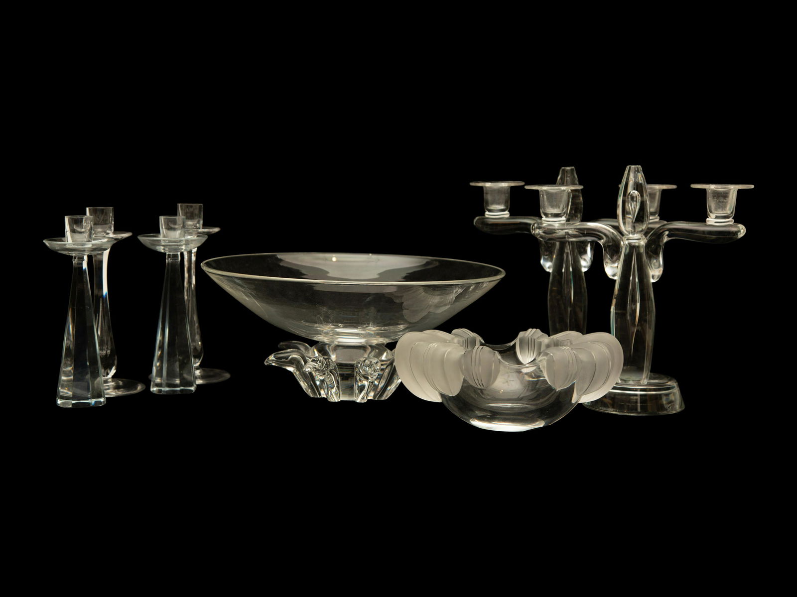 A Group of Glass Table Articles Centerpiece bowl, height 5 1/2 x diameter 12 3/4 inches. (1 of 3)