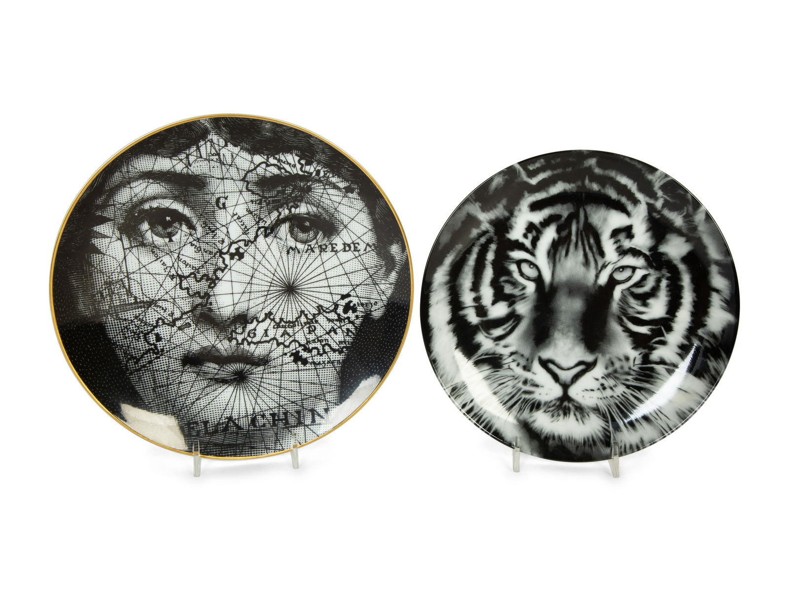 Two Porcelain Art Plates - Robert Longo Tiger Head 2 and Fornasetti Tema e Variazioni Motiv31: Two Porcelain Art Plates - Robert Longo Tiger Head 2 and Fornasetti Tema e Variazioni Motiv31 20th Century the Longo by Limoges, the Fornasetti by Rosenthal. Longo,diameter 8 1/4 inches; Fornasetti, 9