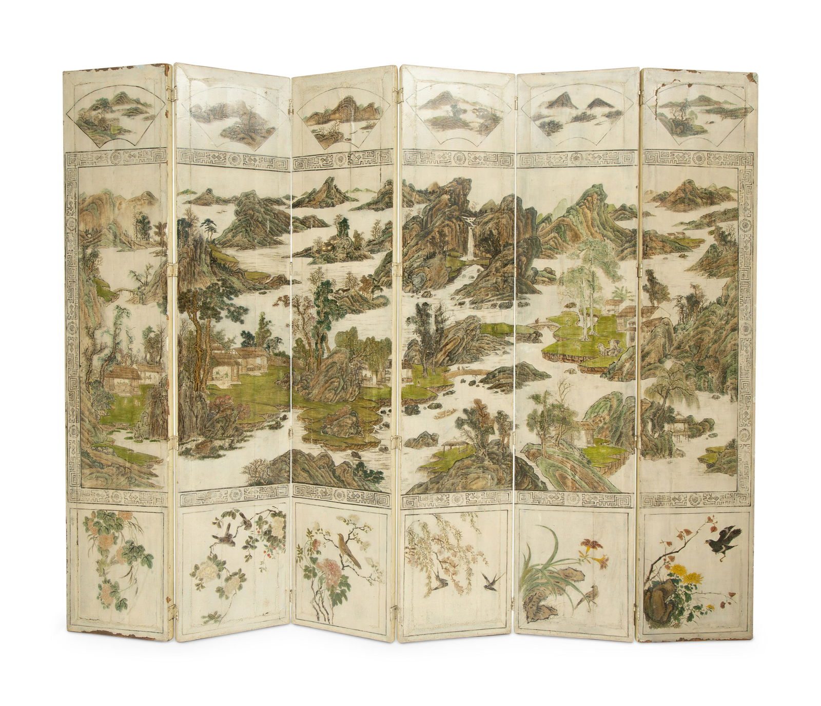 A Chinese Six-Panel Grey and Polychromed Lacquer Screen Height 100 3/4 inches; each panel 21 1/4 (1 of 4)
