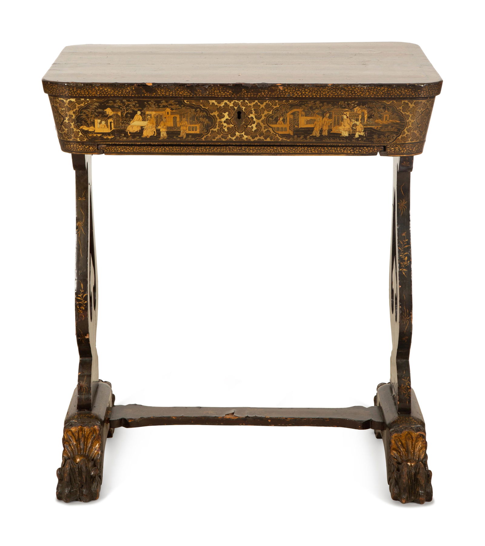 A Chinese Export Black and Gilt Lacquer Sewing Table Height 27 3/4 x width 25 x depth 17 inches. (1 of 8)