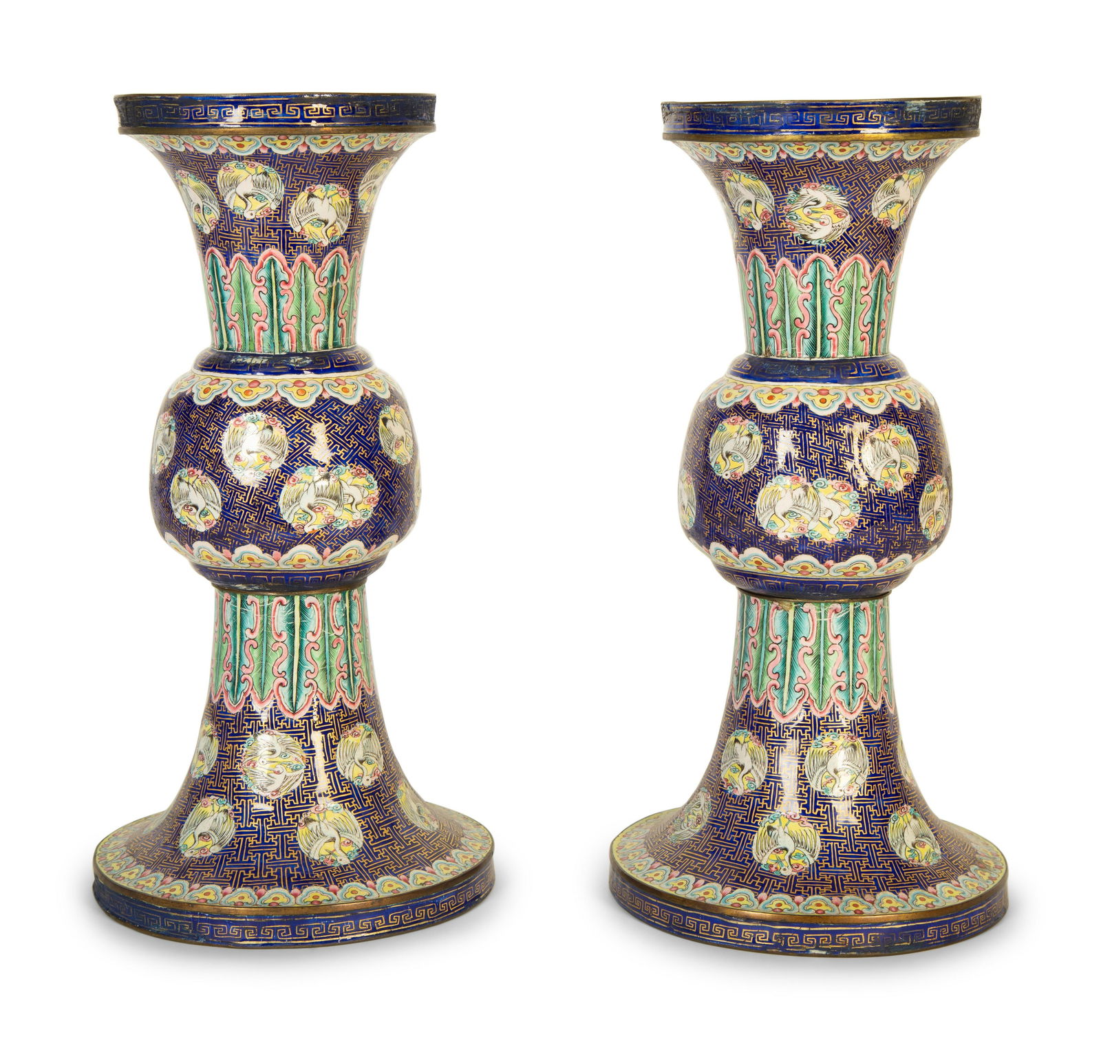 A Pair of Chinese Export Enamel on Copper Gu Vases Height 11 5/8 x 5 7/8 inches. (1 of 2)