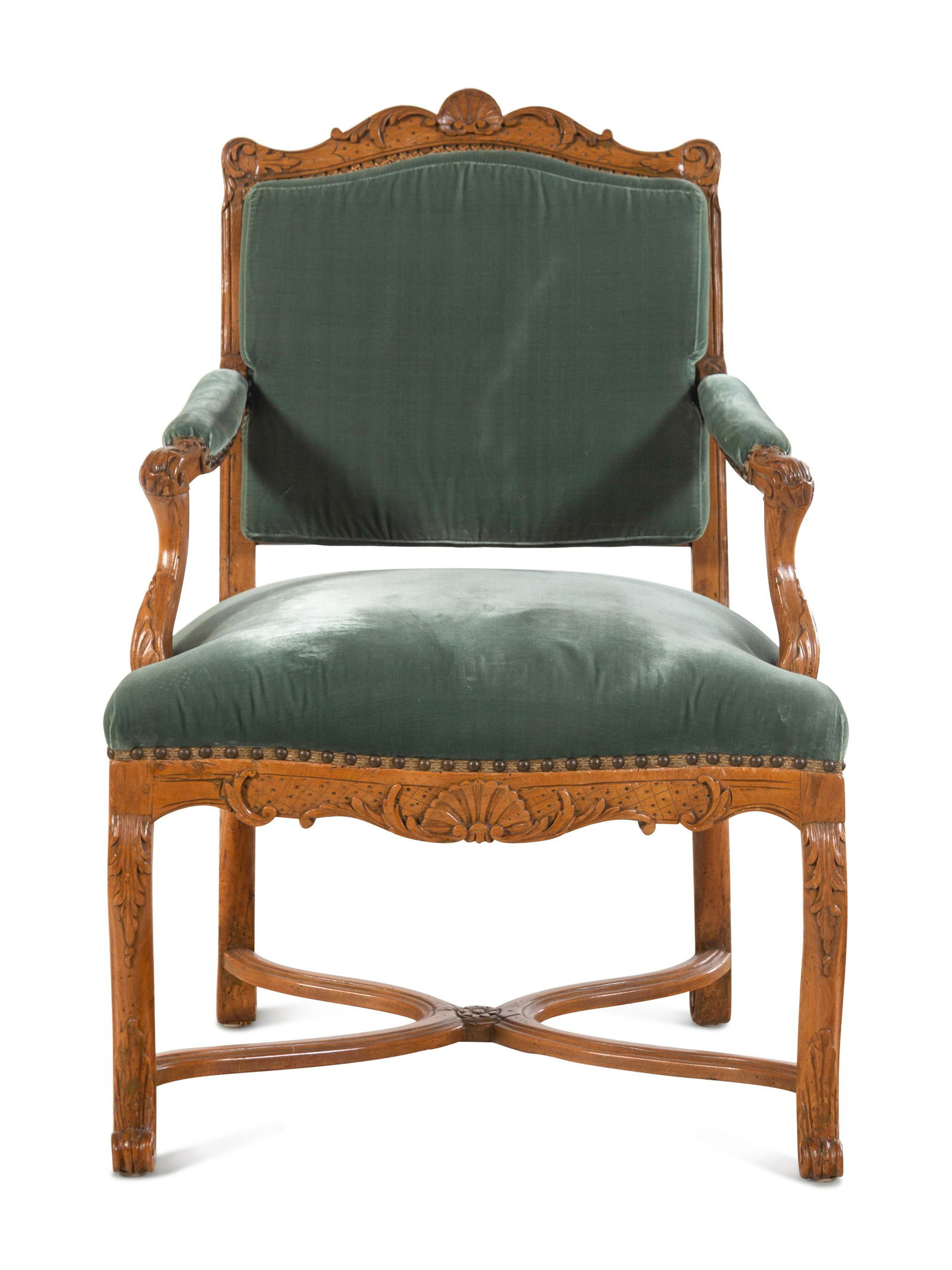 A Regence Style Velvet-Upholstered Beechwood Fauteuil: A Regence Style Velvet-Upholstered Beechwood Fauteuil 19th Century Height 36 x width 20 x depth 18 1/2 inches. Property from a House and Garden Designed by David Hicks, Bloomfield Hills, Michigan