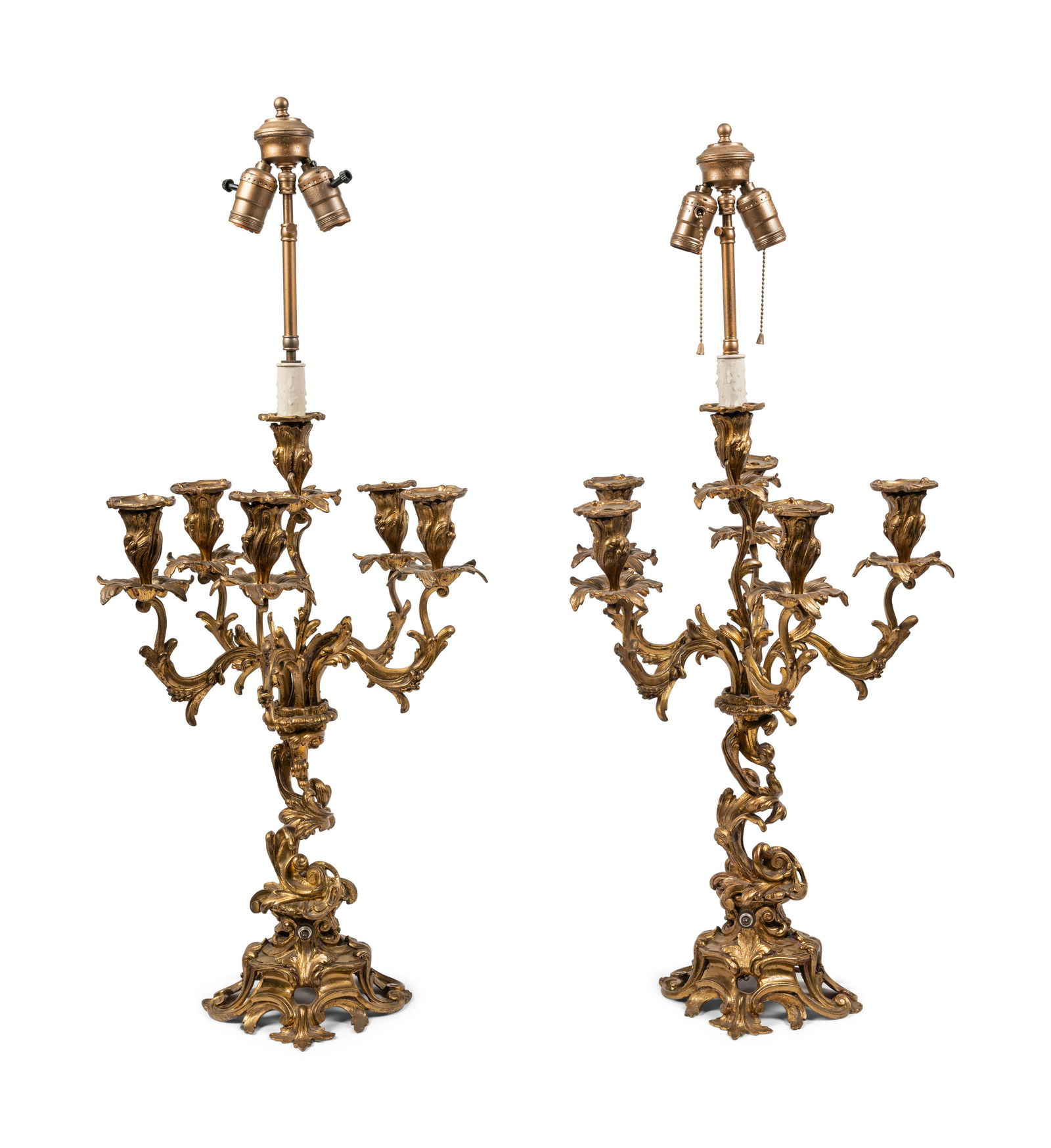 A Pair of Louis XV Style Gilt Bronze Six-Light Candelabra Mounted as Lamps (1 of 5)