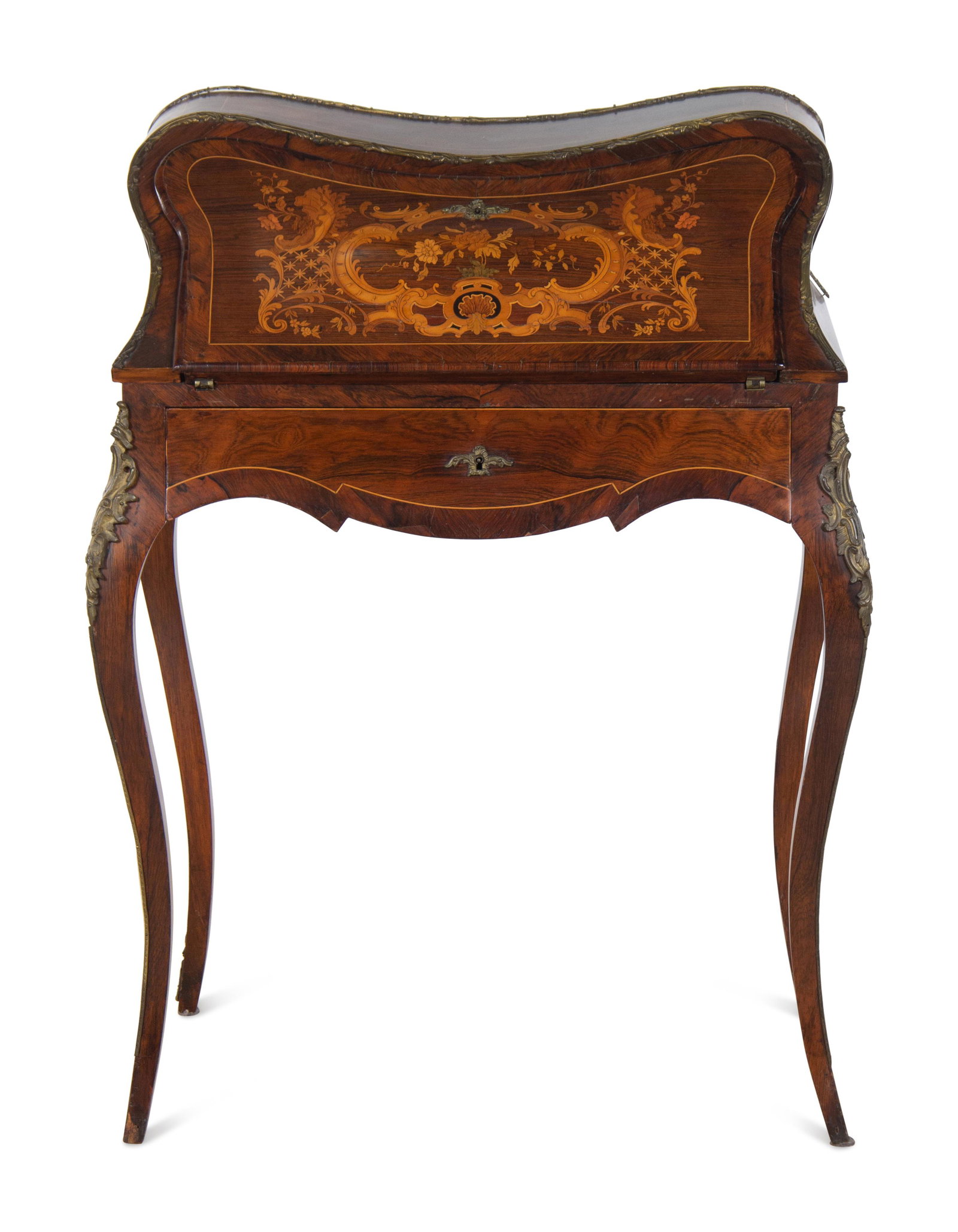 A Louis XV Style Marquetry Slant-Front Writing Desk: A Louis XV Style Marquetry Slant-Front Writing Desk Late 19th/Early 20th Century Height 38 1/2 x width 29 1/2 x depth 19 inches. 