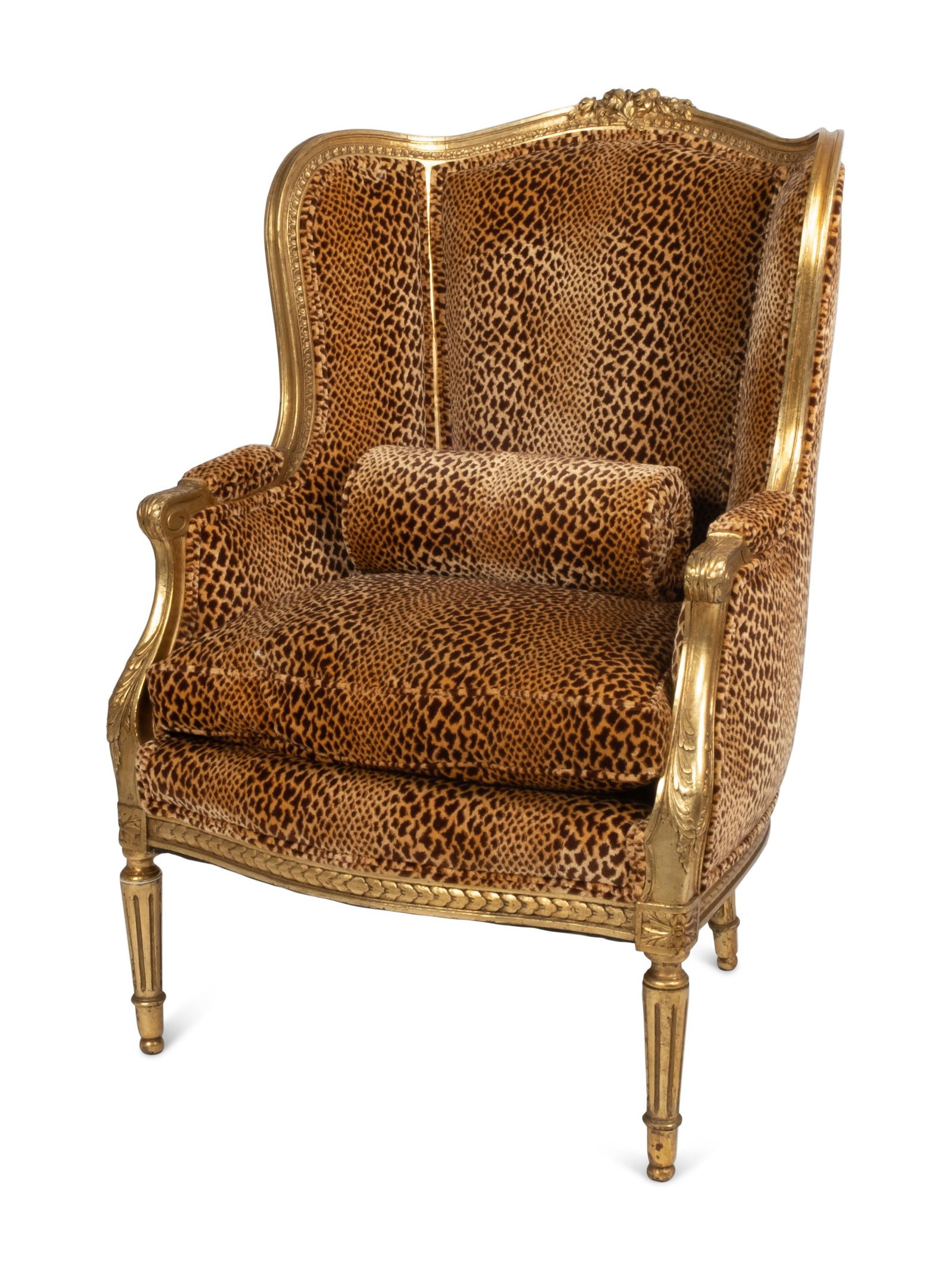 A Louis XVI Style Giltwood Bergere: A Louis XVI Style Giltwood Bergere 20th Century Height 43 x width 28 1/2 inches. Property from the Estate of an Elegant Lady, Texas
