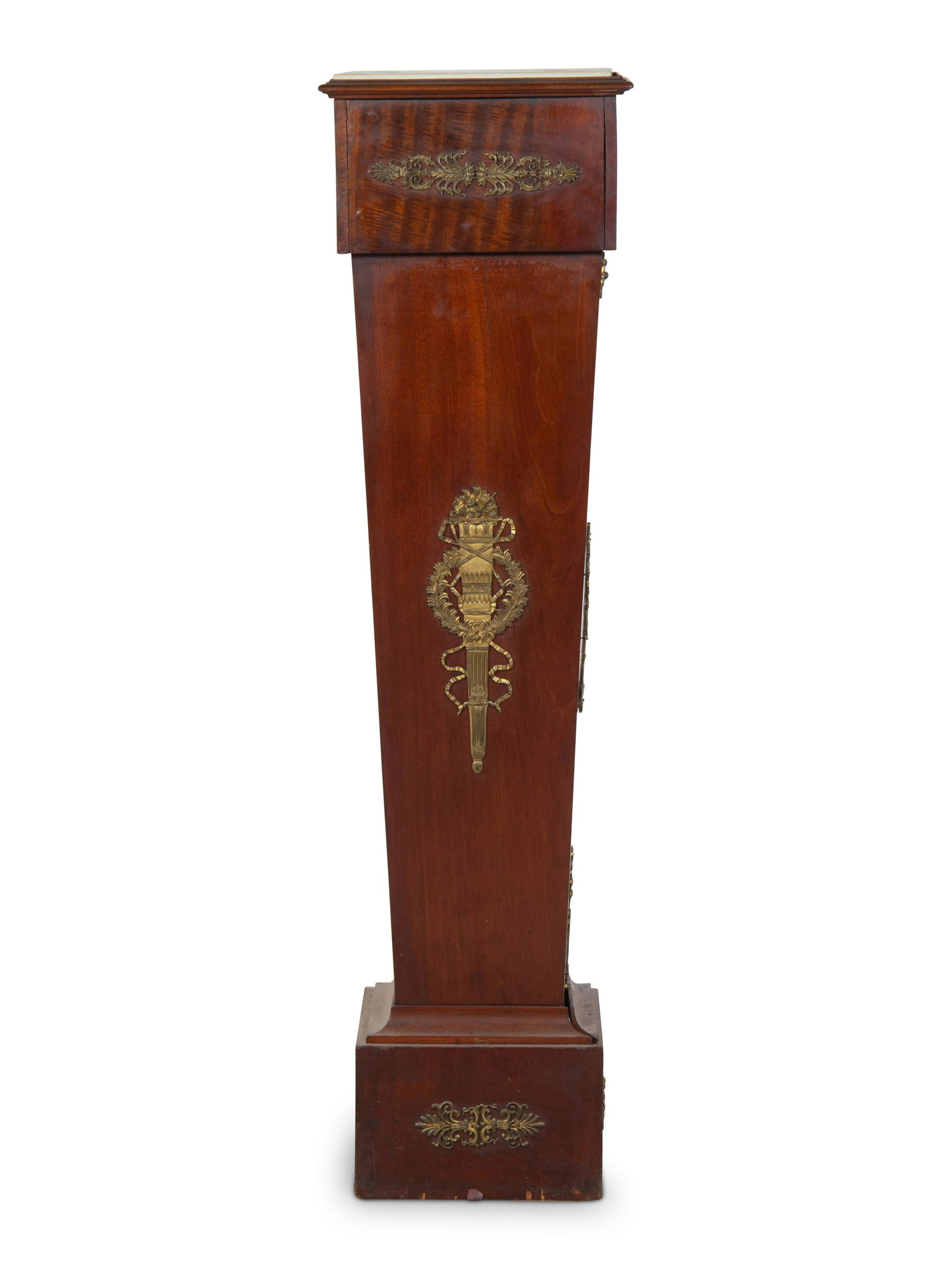 An Empire Style Gilt Metal Mounted Walnut Marble-Top Pedestal: An Empire Style Gilt Metal Mounted Walnut Marble-Top Pedestal Late 19th Century Height 50 1/2 x width 13 1/2 x depth 13 1/2 inches. Property from the Collection of Ron Winter, Merwins Antiques, Birmin