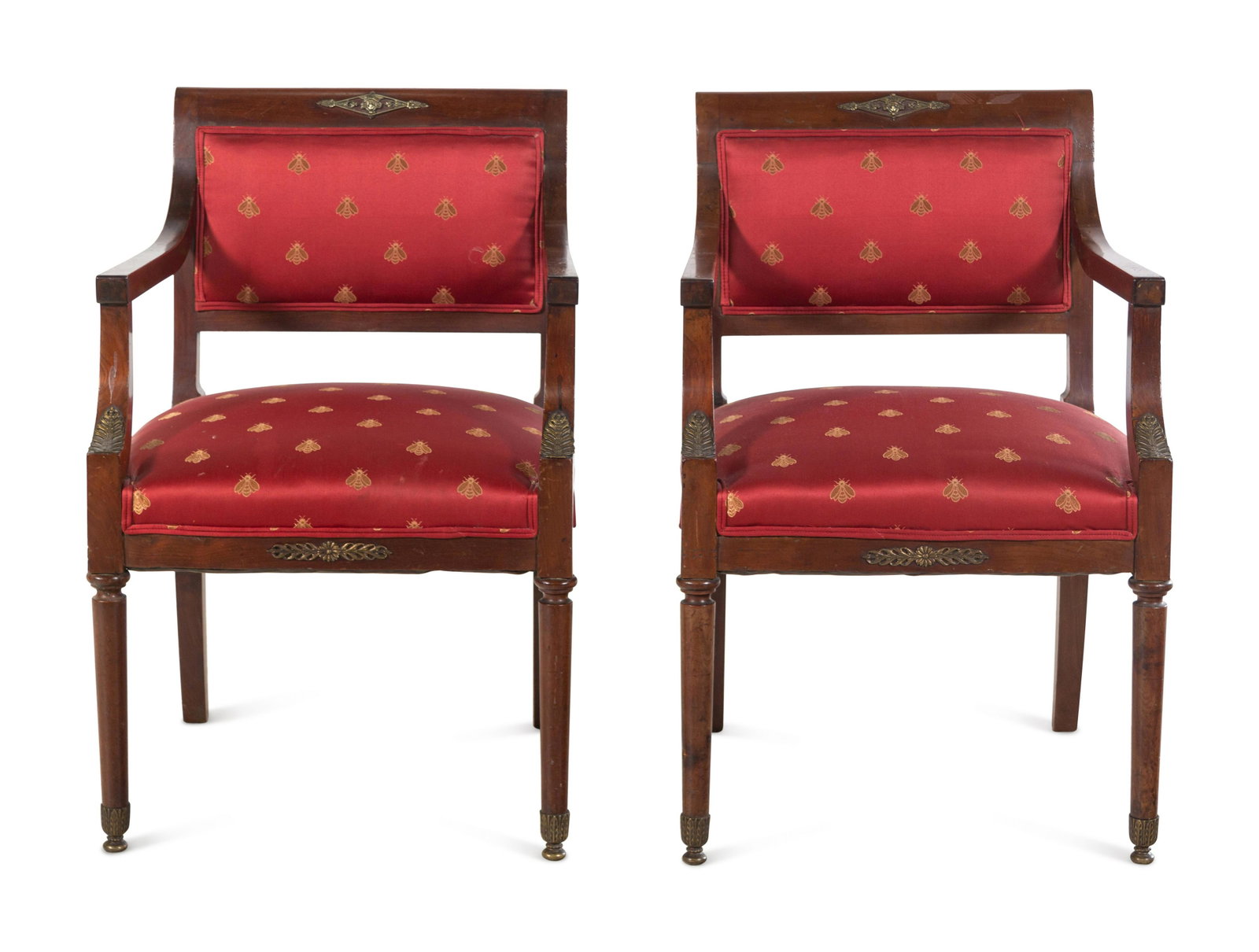 A Pair of Empire Style Gilt Metal Mounted Mahogany Armchairs: A Pair of Empire Style Gilt Metal Mounted Mahogany Armchairs Mid-20th Century Height 33 x width 20 x depth 19 1/2 inches. Property from the Collection of Ron Winter, Merwins Antiques, Birmingham, Mich