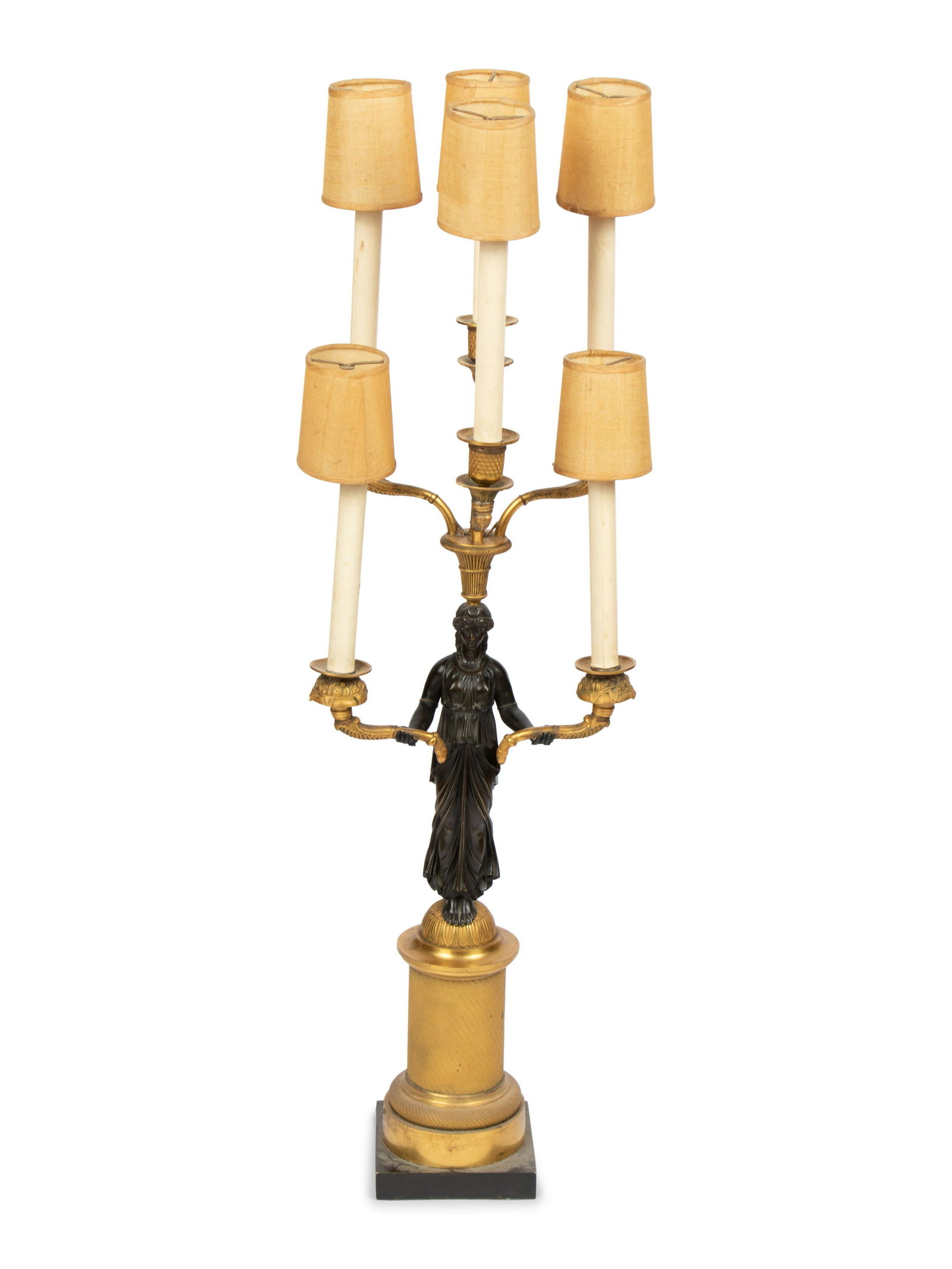An Empire Style Gilt and Patinated Bronze Figural Six-Light Candelabrum Mounted as a Lamp (1 of 3)
