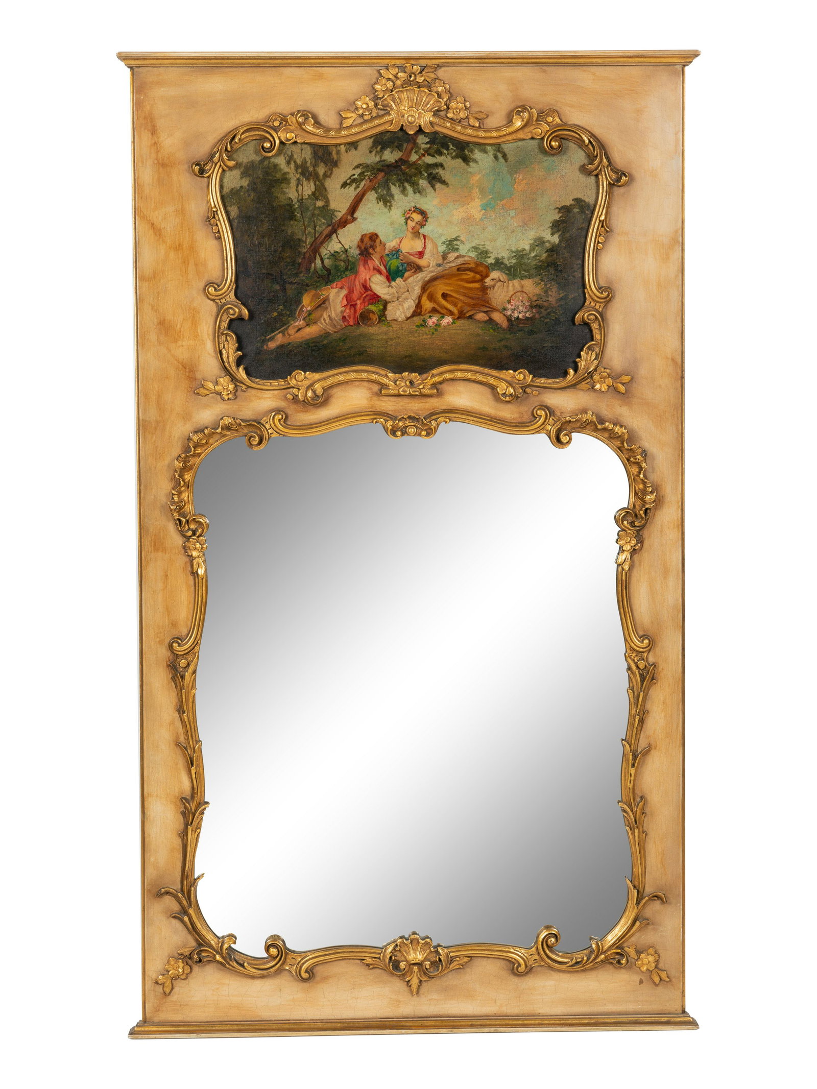 A French Painted and Parcel Gilt Trumeau Mirror: A French Painted and Parcel Gilt Trumeau Mirror 20th Century Height 60 1/4 x width 35 1/2 inches. Property from the Estate of Norma and David McIntyre, Los Angeles, California