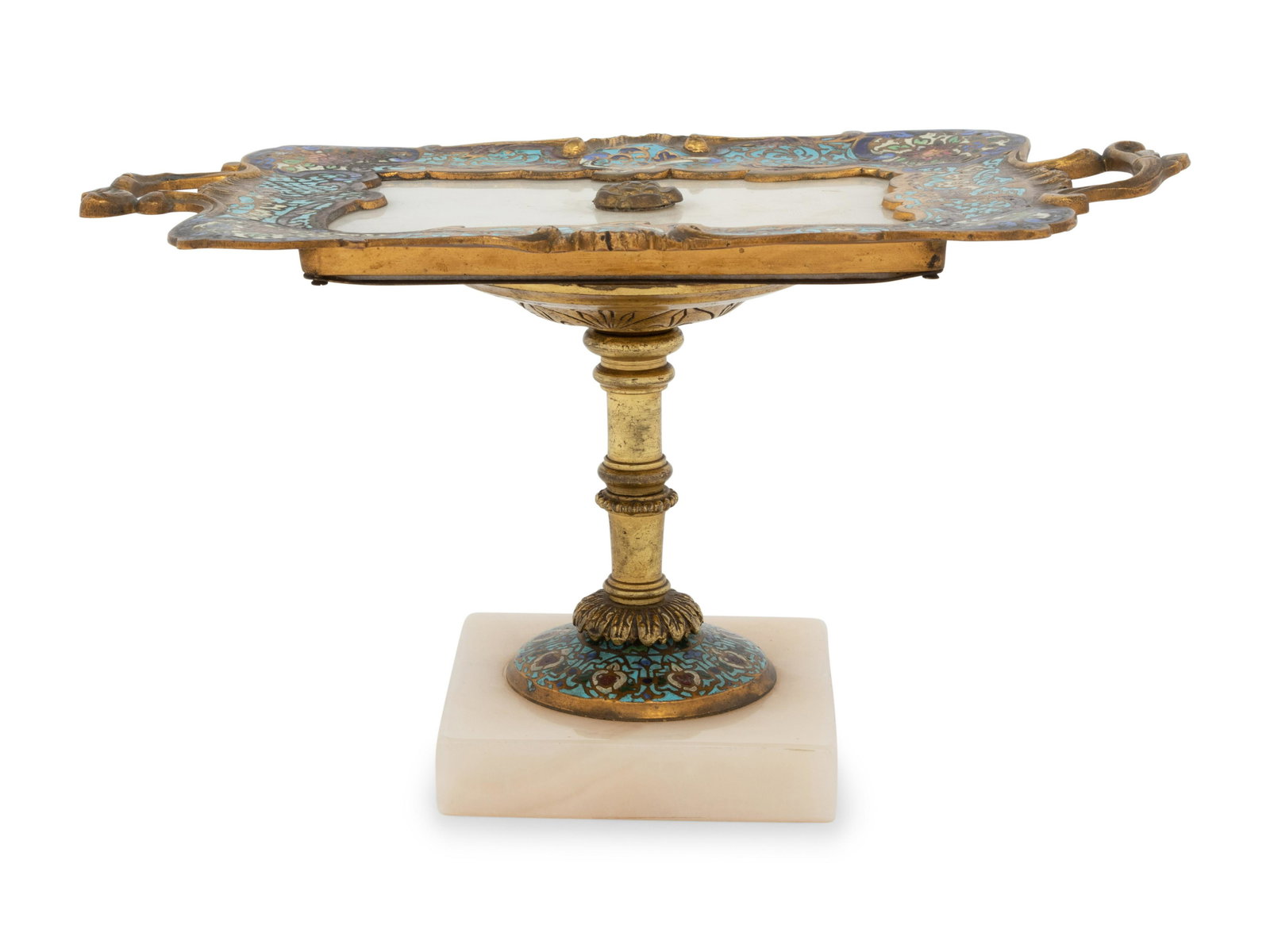 A French Gilt Metal, Champleve and Alabaster Card Tray: A French Gilt Metal, Champleve and Alabaster Card Tray 19th Century Height 6 x width 11 x depth 6 1/4 inches. Property from the Collection of Ron Winter, Merwins Antiques, Birmingham, Michigan