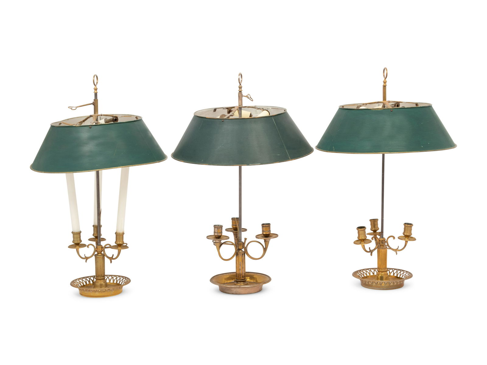 Three French Brass Bouillotte Lamps with TÃ´le Shades: Three French Brass Bouillotte Lamps with TÃ´le Shades 20th Century Height 25 inches. Property from a House and Garden Designed by David Hicks, Bloomfield Hills, Michigan