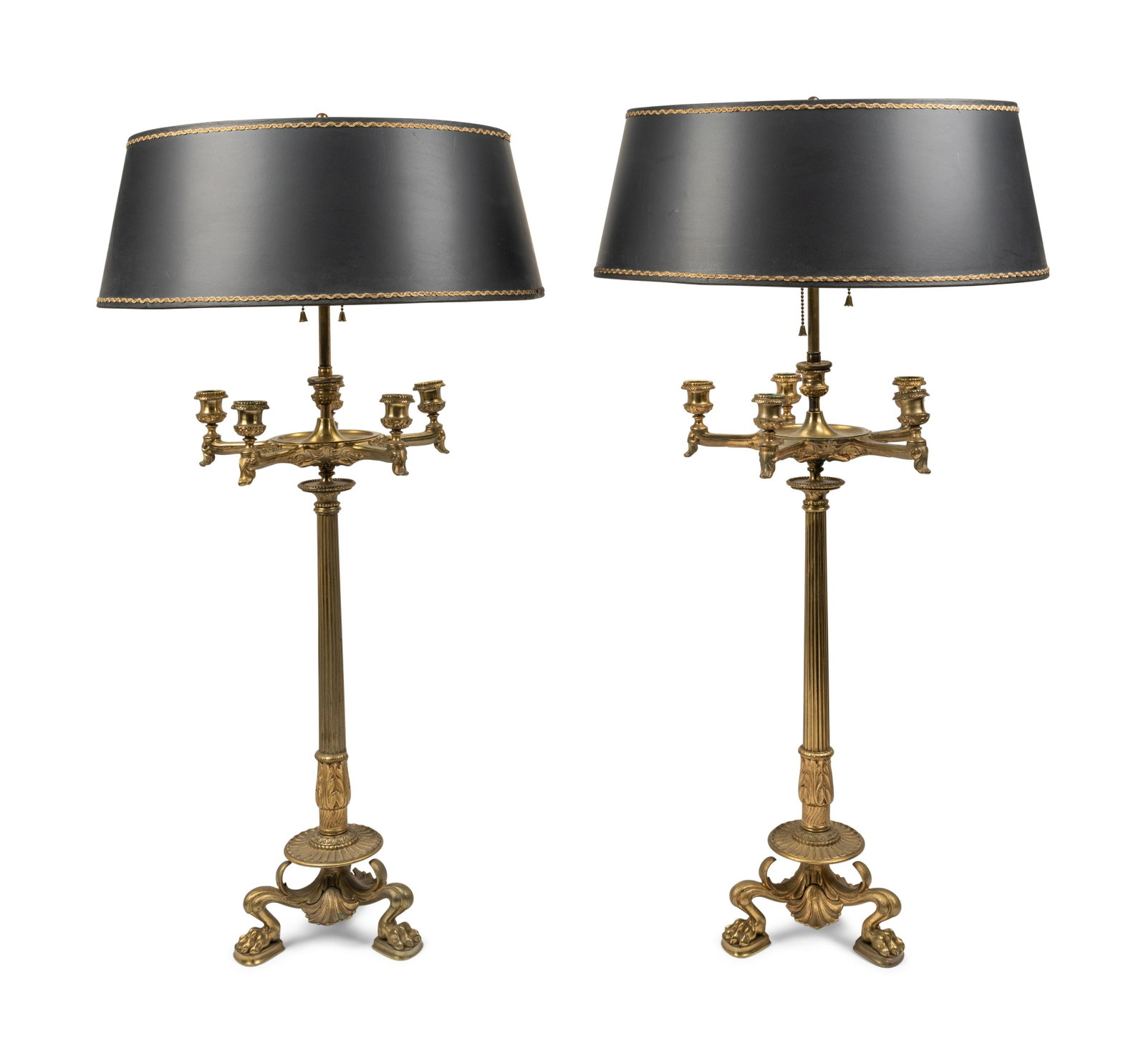 A Pair of Neoclassical Gilt Bronze Six-Light Candelabra Mounted as Lamps: A Pair of Neoclassical Gilt Bronze Six-Light Candelabra Mounted as Lamps Late 19th/Early 20th Century Height 36 inches. Property from the Collection of Ron Winter, Merwins Antiques, Birmingham, Michig