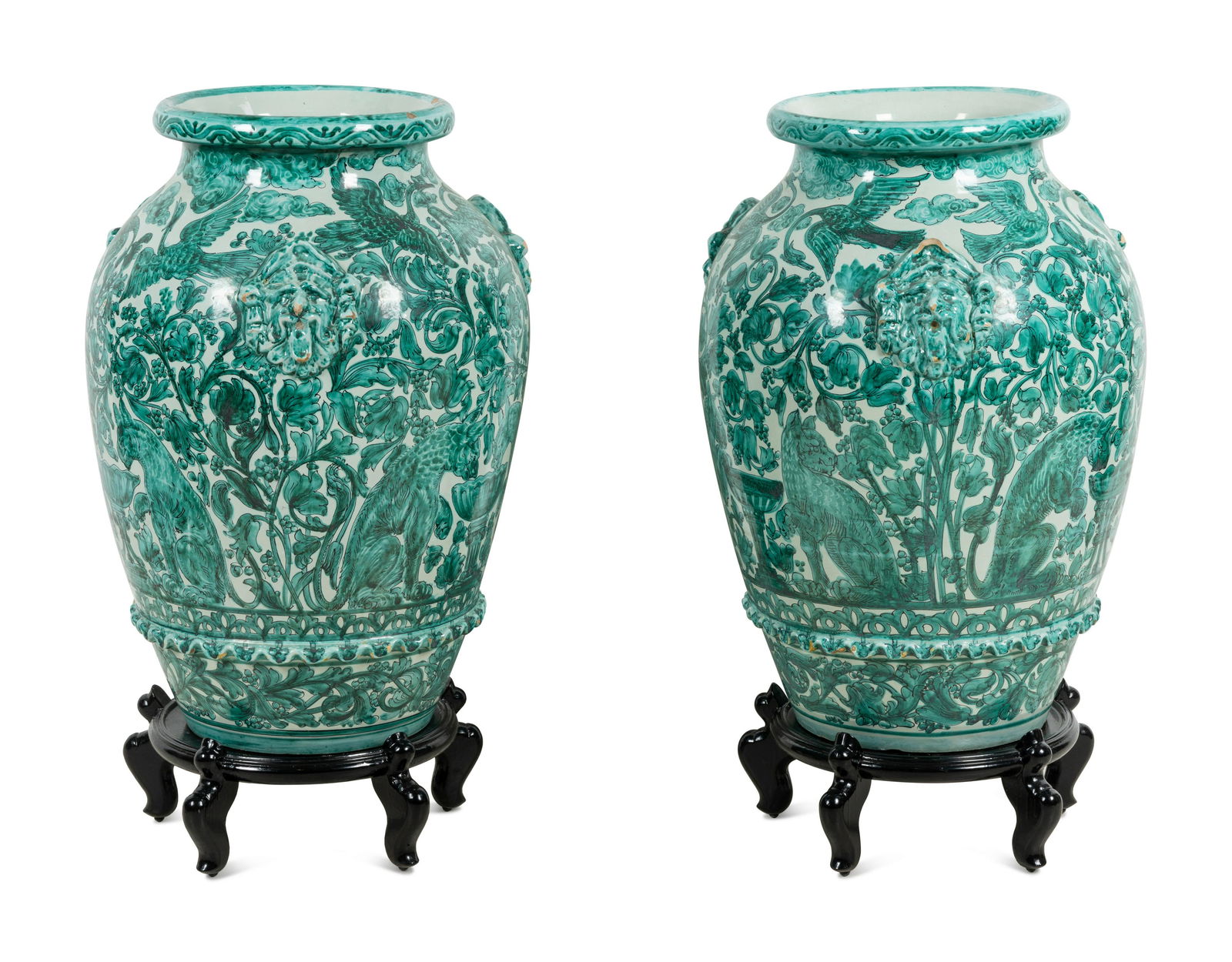A Pair of Large Italian Green and White Glazed Ceramic Vases (1 of 5)