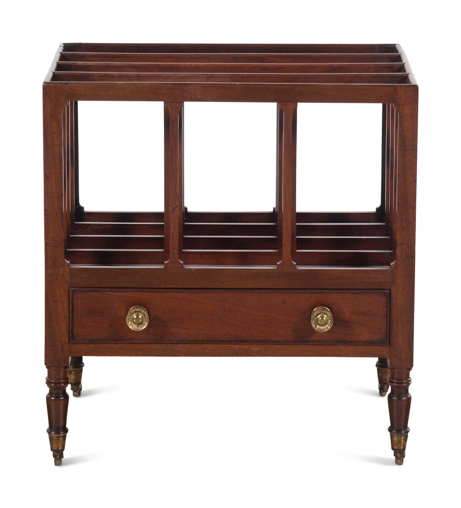 A George III Mahogany Canterbury: A George III Mahogany Canterbury Early 19th Century Height 21 1/8 x width 19 3/4 x depth 14 inches. Property from a Private Collection Provenance: Sotheby's, London, Sale L00262, Lot 32