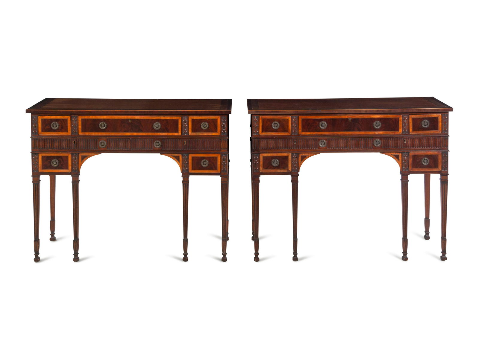 A Pair of George III Style Carved Mahogany and Satinwood Dressing Tables (1 of 4)