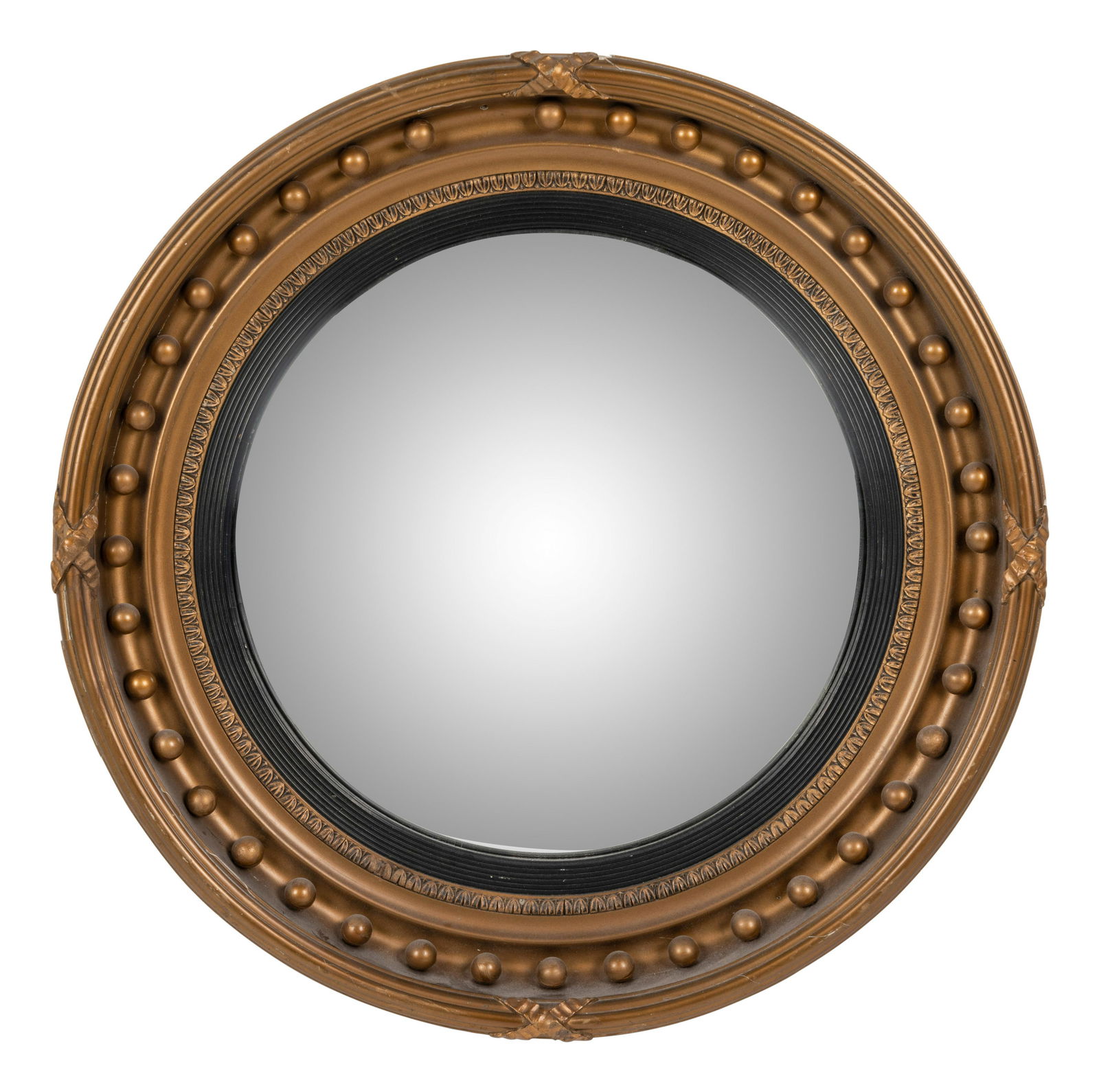 A Regency Giltwood and Ebonized Convex Mirror: A Regency Giltwood and Ebonized Convex Mirror Circa 1820 Diameter 19 inches. Property from a Private Collection Provenance: Kentshire Gallery, New York