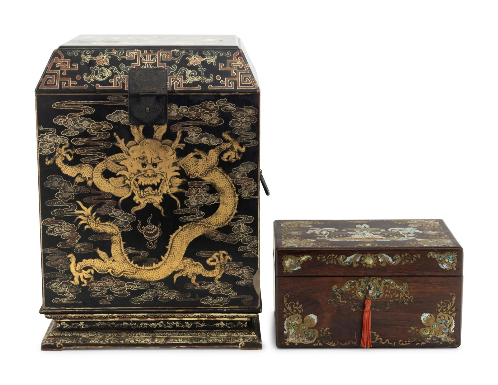 A Chinese Export Lacquer Dressing Cabinet and a Mother-of-Pearl Inlaid Rosewood Box (1 of 2)