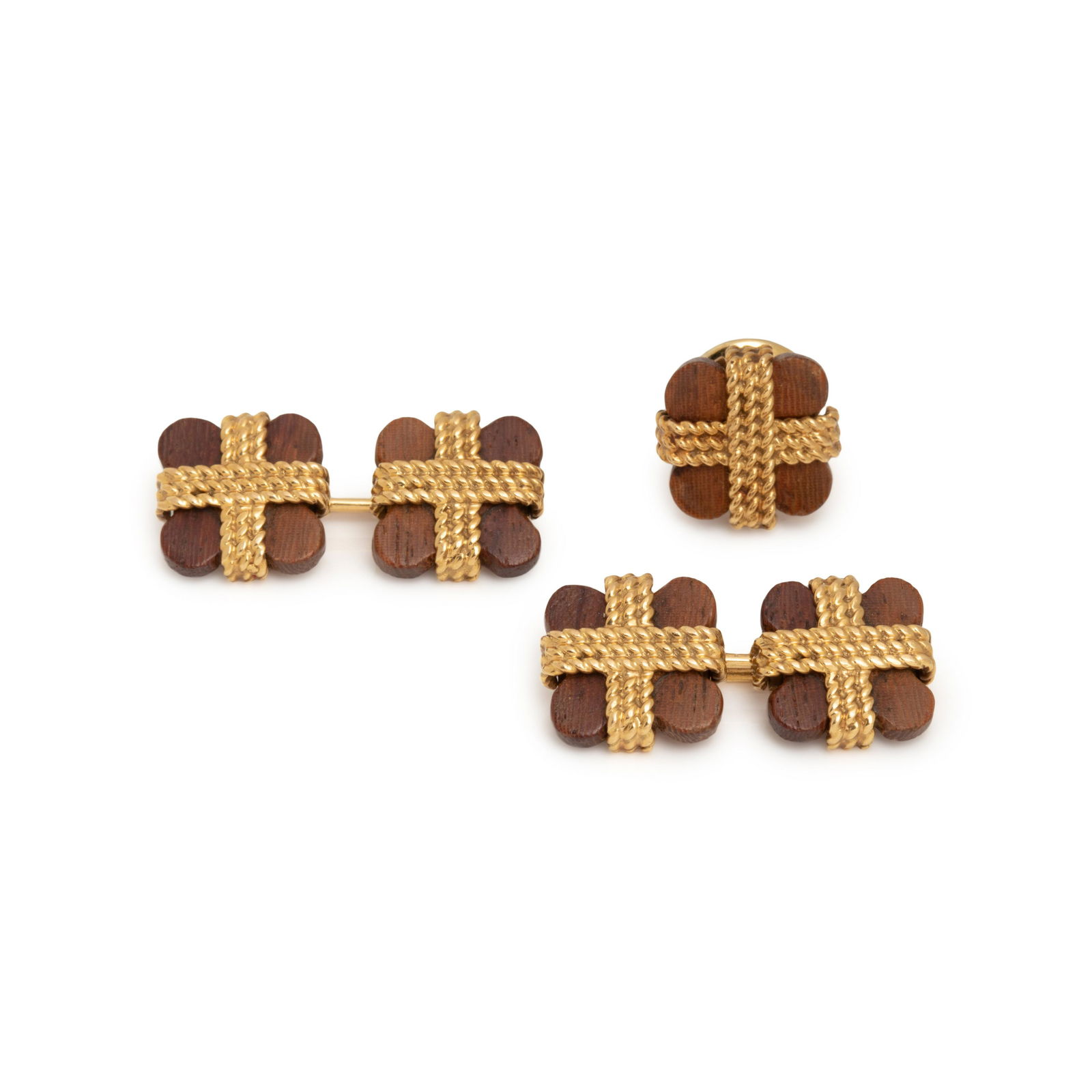 VAN CLEEF & ARPELS, YELLOW GOLD AND WOOD CUFFLINKS AND TIE TACK (1 of 2)