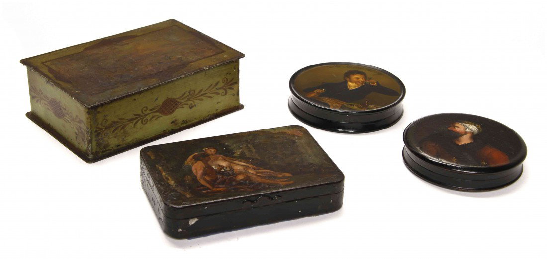 Two Papier Mache Patch Boxes, Width of widest 5 7/8 : Two Papier Mache Patch Boxes, each of circular form, decorated with a gentleman, together with two tall rectangular boxes, one with figural, the other with landscape decoration. Width of widest 5 7/8 