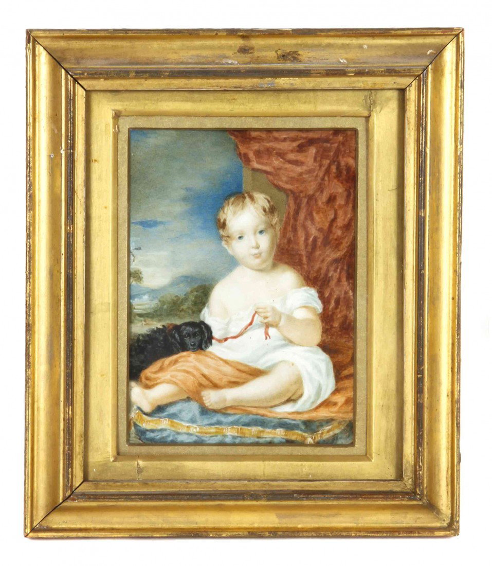 An English Portrait Miniature of a Child, Height 5 1: An English Portrait Miniature of a Child, depicted seated with a dog, back having label naming the child as the late William J. Thompson, set in a giltwood frame. Height 5 1/4 x width 3 3/4 inches. Pr