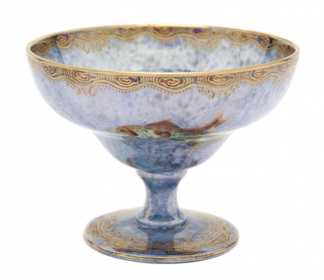 A Wedgwood Lusterware Compote, Daisy Makeig-Jones,: A Wedgwood Lusterware Compote, Daisy Makeig-Jones, the interior and exterior decorated with fish on a blue ground, numbered Z4920. Diameter 4 inches.