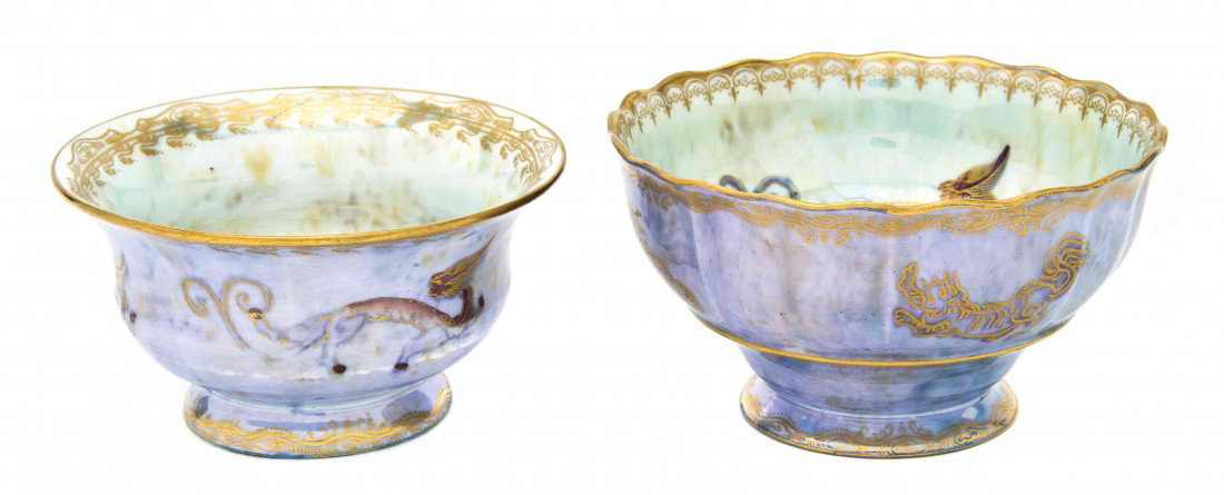Two Wedgwood Lusterware Bowls, Daisy Makeig-Jones,: Two Wedgwood Lusterware Bowls, Daisy Makeig-Jones, one with scalloped rim, each having dragon decoration on a blue ground and numbered Z4829. Diameter of first 4 5/8 inches.