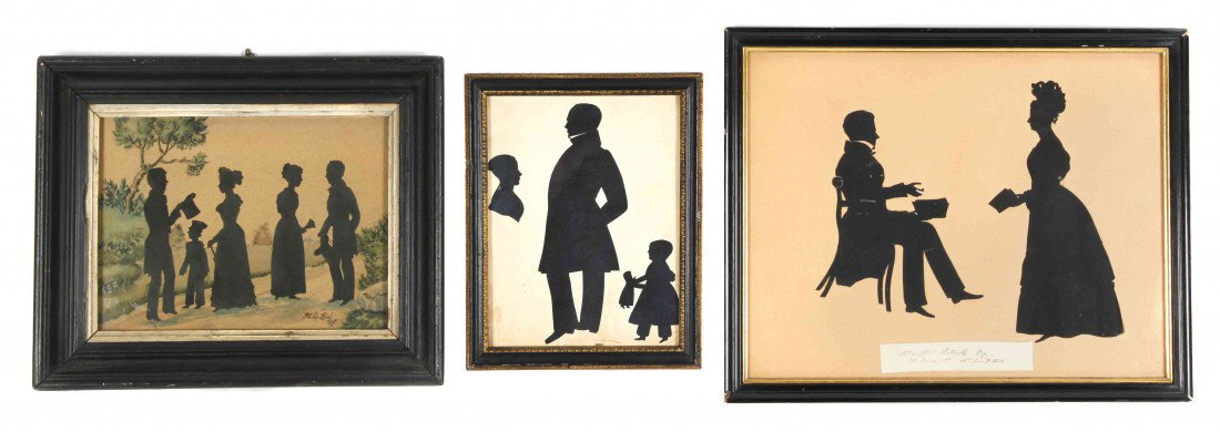 A Group of Three Silhouettes, Width of widest fram: A Group of Three Silhouettes, comprising a cut and paste family group by Philip Lord dated 1847, a courting couple dated 1830 and a husband and wife with child. Width of widest frame 15 1/8 inches.