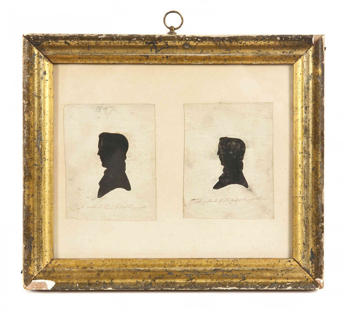 Two Cut and Paste Silhouette Busts, Honeywell, Wid: Two Cut and Paste Silhouette Busts, Honeywell, each depicting a gentleman, cut by mouth and set in a parcel gilt frame. Width of frame 10 1/8 inches.