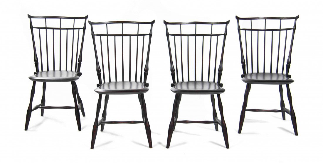 A Set of Four American Ebonized Bird Cage Windsor: A Set of Four American Ebonized Bird Cage Windsor Side Chairs, D.R. Dimes, having an oak and maple back over the pine seat raised on turned maple legs joined by an H-form stretcher. Height 35 3/4 inch