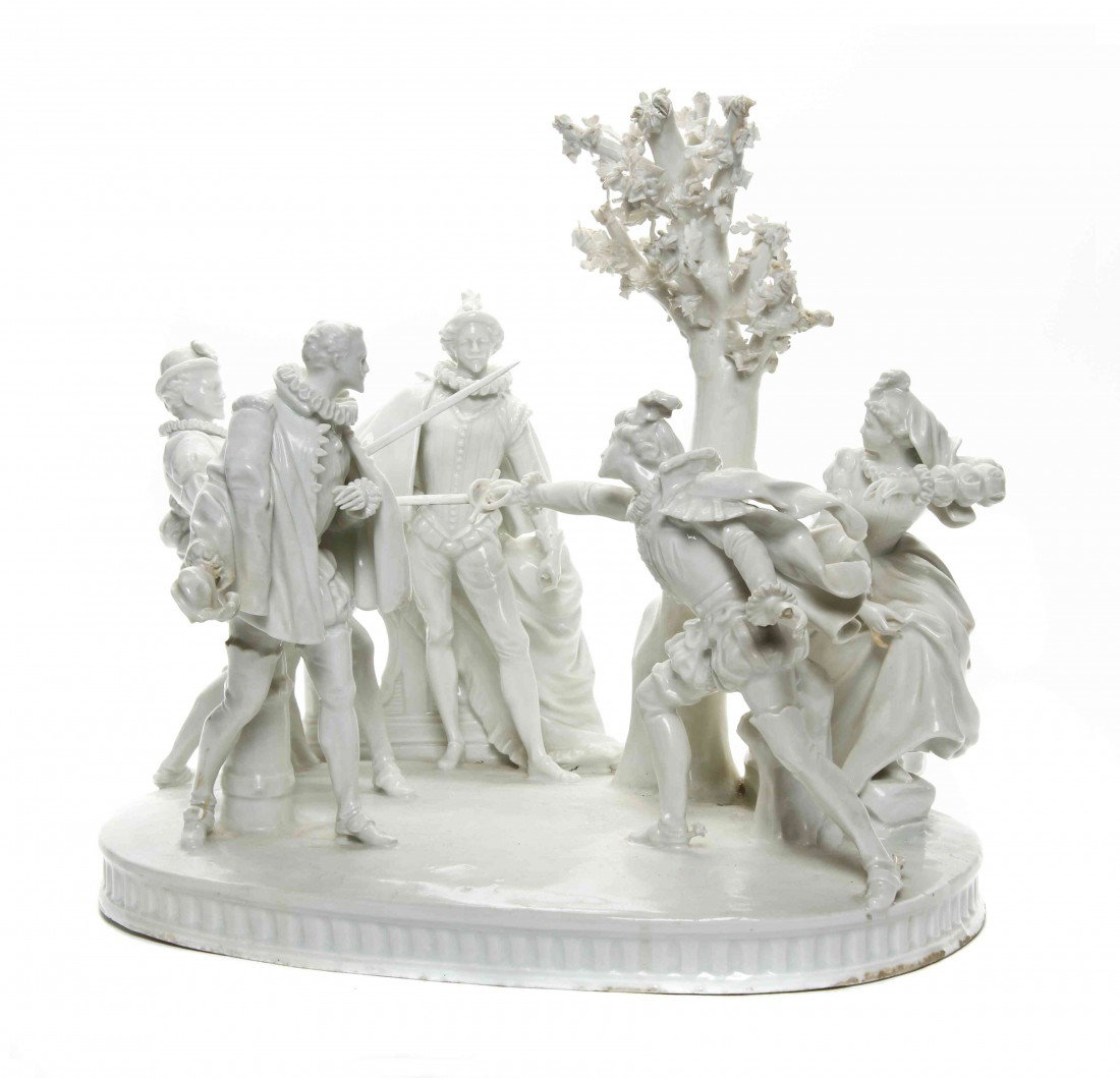 A Capodimonte Blanc de Chine Figural Group, Width : A Capodimonte Blanc de Chine Figural Group, depicting dueling gentlemen. Width 14 inches. Property from the Estate of Norma B. Harris, Chicago, Illinois