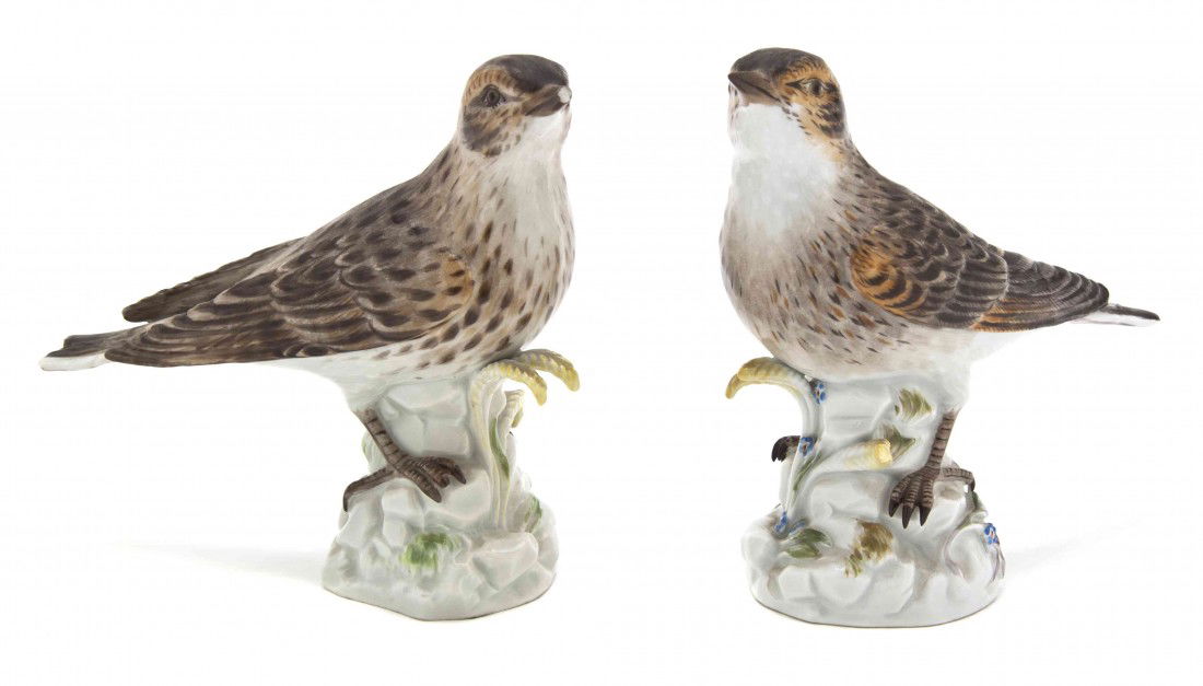 Two Meissen Porcelain Birds, Height of taller 5 1/: Two Meissen Porcelain Birds, each raised on a naturalistic base, having crossed swords in underglaze blue, each with impressed and incised marks. Height of taller 5 1/8 x width 6 inches.