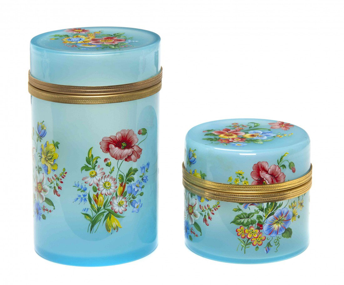Two Opaline Glass Boxes, Height of taller 6 1/2 in: Two Opaline Glass Boxes, each of cylindrical form, with floral decoration. Height of taller 6 1/2 inches. Property from an Estate, Kenilworth, Illinois
