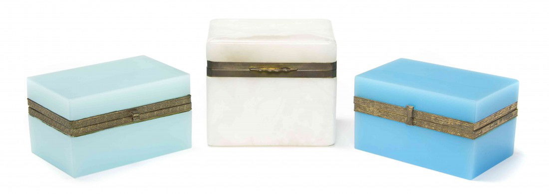 An Opaline Glass Box, Width of first 5 1/2 inches.: An Opaline Glass Box, of rectangular form, together with a similar opaline example and an alabaster example. Width of first 5 1/2 inches. Property from an Estate, Kenilworth, Illinois