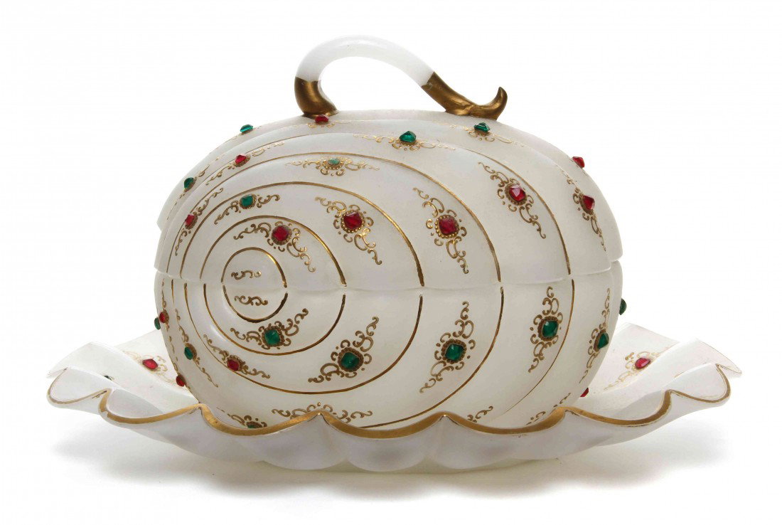 An Opaline Glass Tureen, Cover and Undertray, Widt: An Opaline Glass Tureen, Cover and Undertray, of melon form, with gilt and enameled decoration. Width overall 15 inches. Property from the Estate of Norma B. Harris, Chicago, Illinois