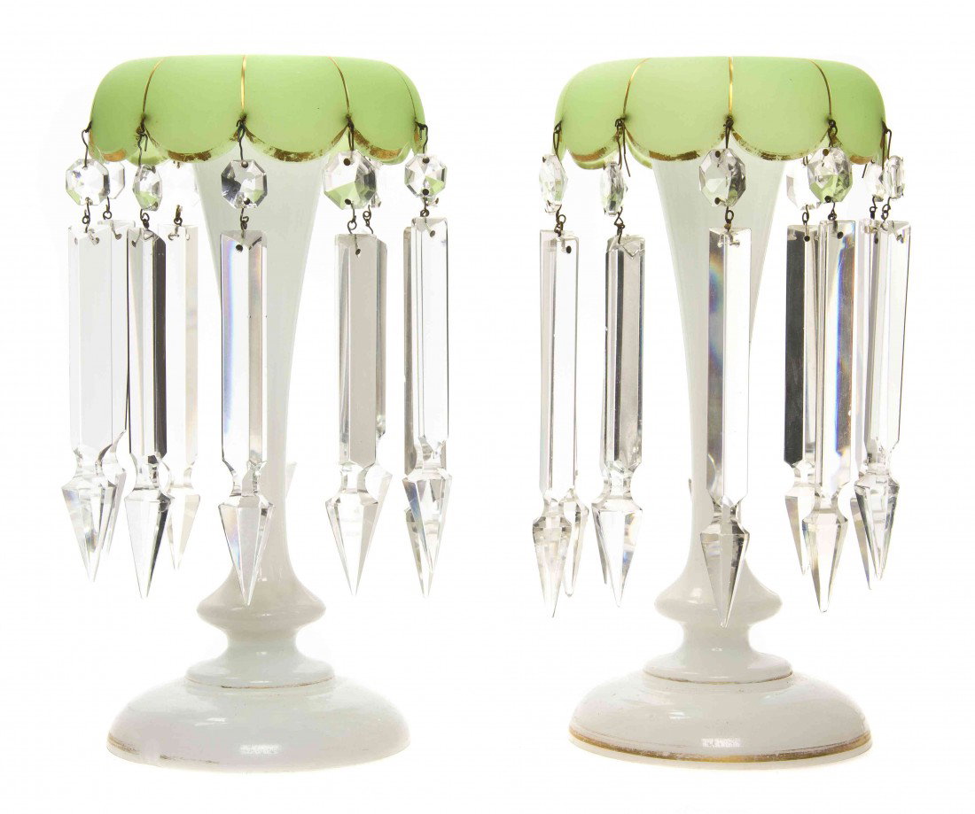 A Pair of Opaline Glass Girandoles, Height 11 3/4: A Pair of Opaline Glass Girandoles, each of baluster form, hung with prisms. Height 11 3/4 inches. Property from an Estate, Kenilworth, Illinois