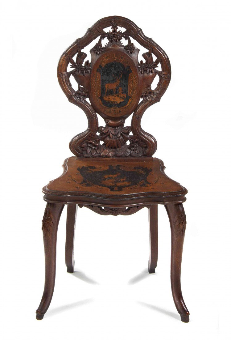 A Black Forest Carved and Marquetry Decorated Side: A Black Forest Carved and Marquetry Decorated Side Chair, having stag decoration to back and seat raised on leaf carved cabriole legs. Height 36 1/2 inches.