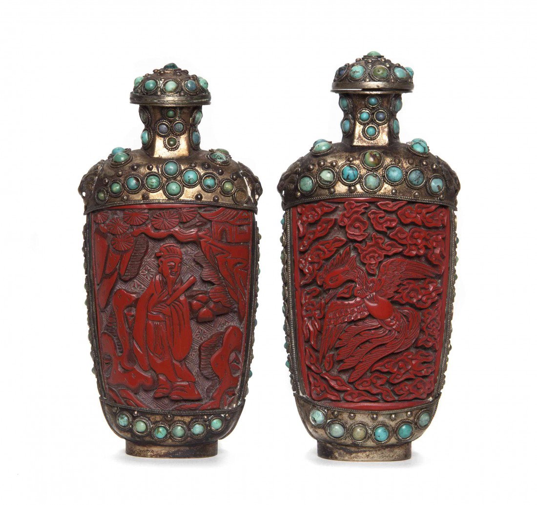 A Pair of Cinnabar and Metal Snuff Bottles, Height: A Pair of Cinnabar and Metal Snuff Bottles, of flask form with turquoise and hardstone inlay into the silver metal mounts. Height 5 1/2 inches.